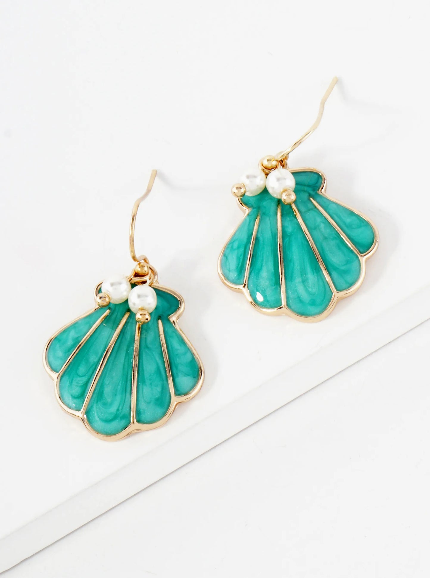 Sea-Life Pearl Enamel Shell Drop Dangle Earrings