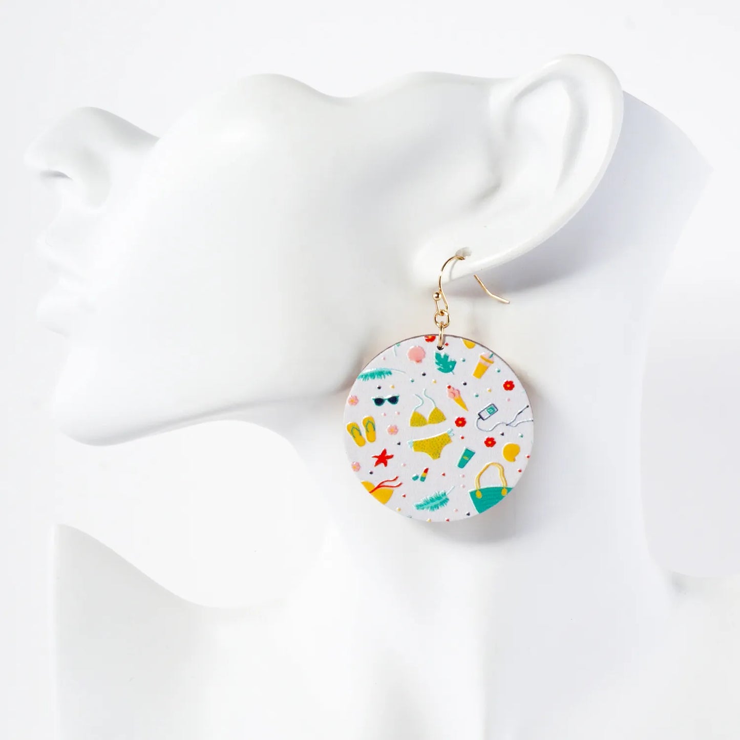 Sea-Life Printed Wood Circle Dangle Earrings