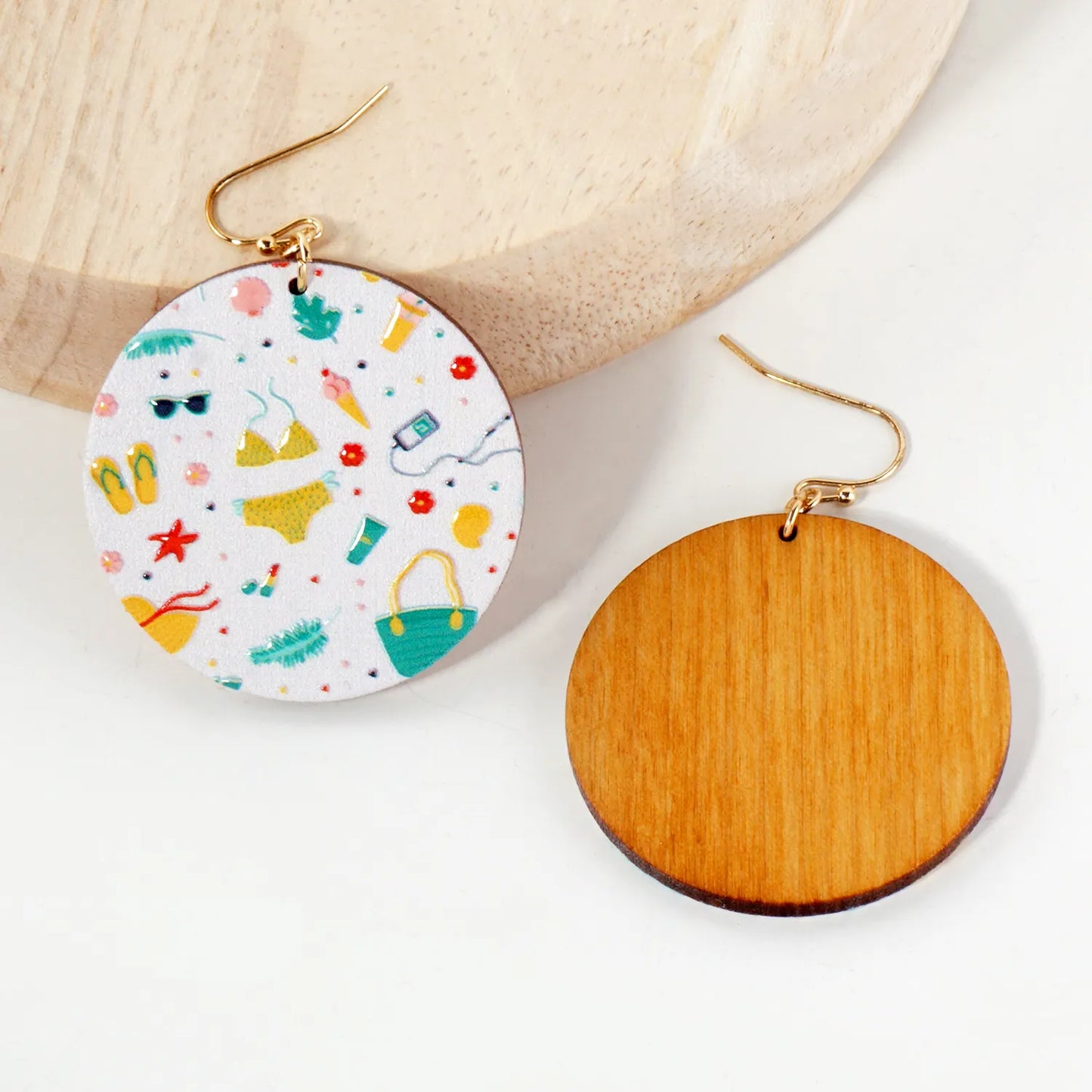 Sea-Life Printed Wood Circle Dangle Earrings