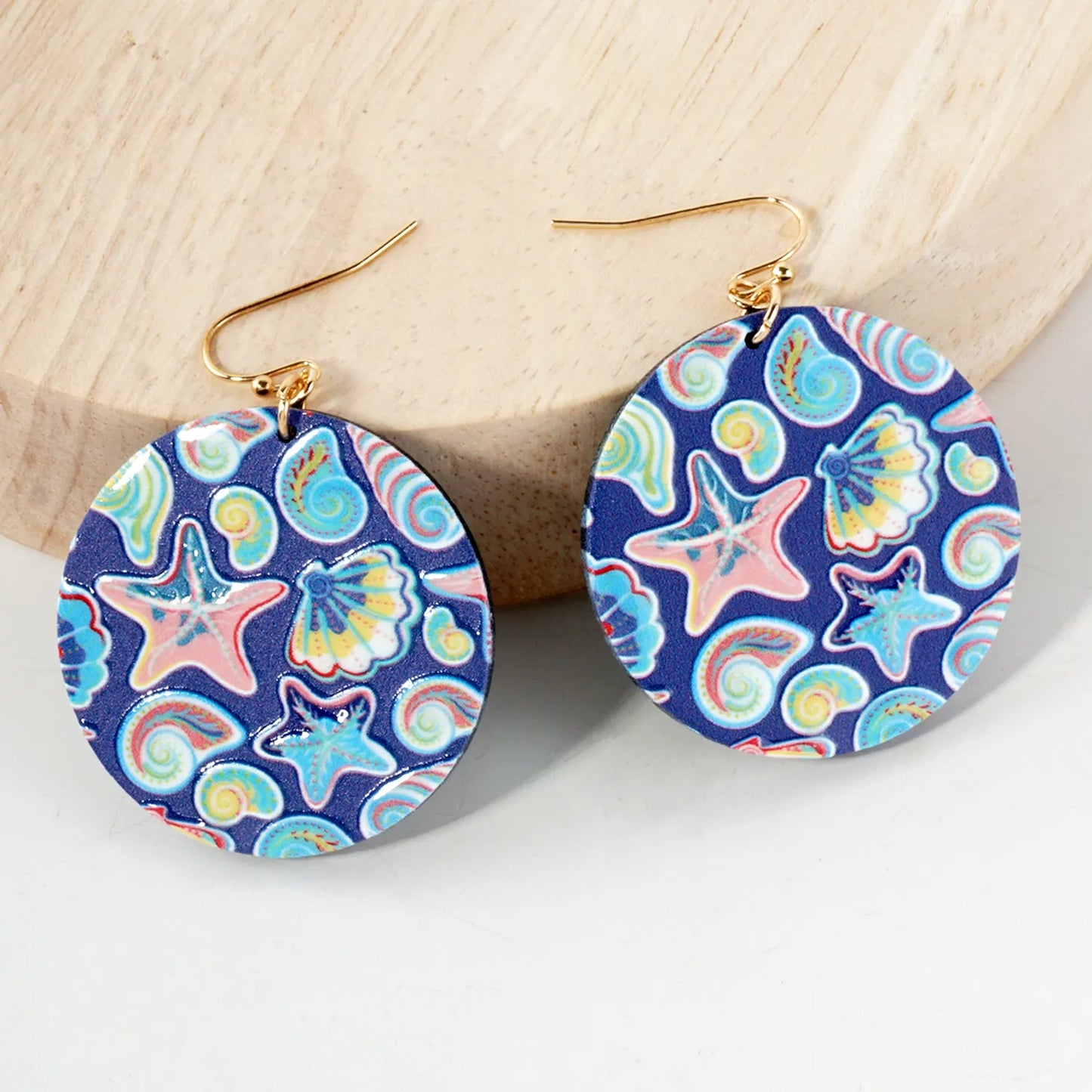 Sea-Life Printed Wood Circle Dangle Earrings
