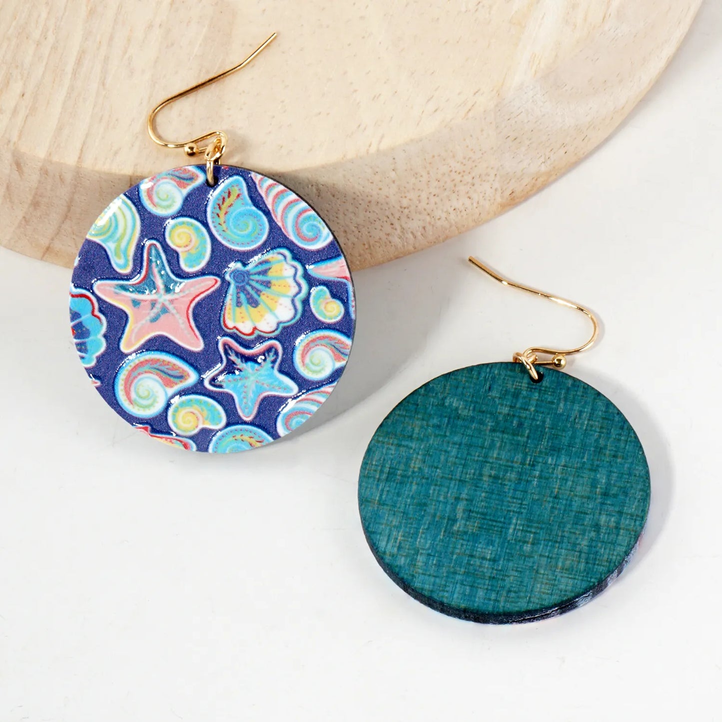 Sea-Life Printed Wood Circle Dangle Earrings