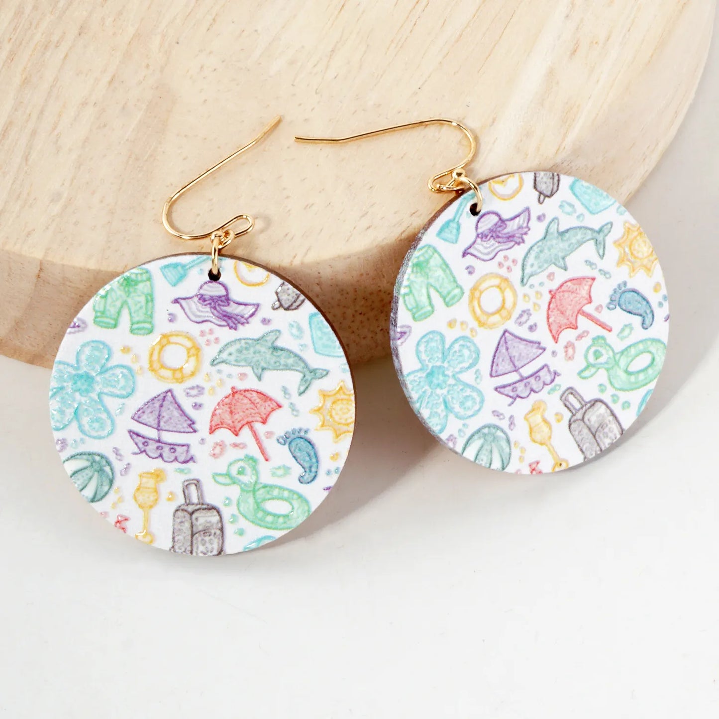 Sea-Life Printed Wood Circle Dangle Earrings