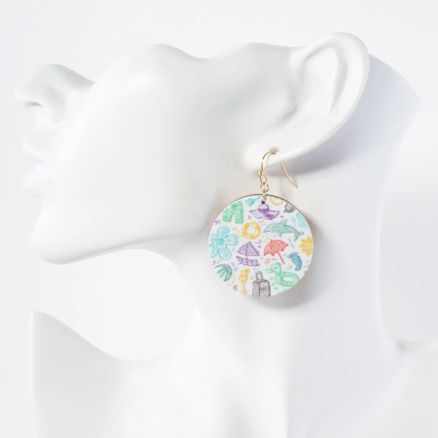 Sea-Life Printed Wood Circle Dangle Earrings