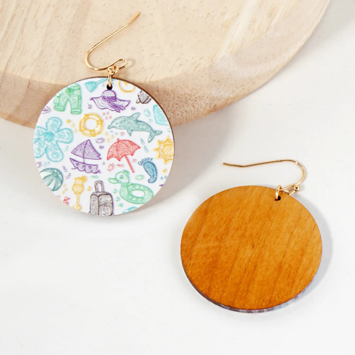 Sea-Life Printed Wood Circle Dangle Earrings