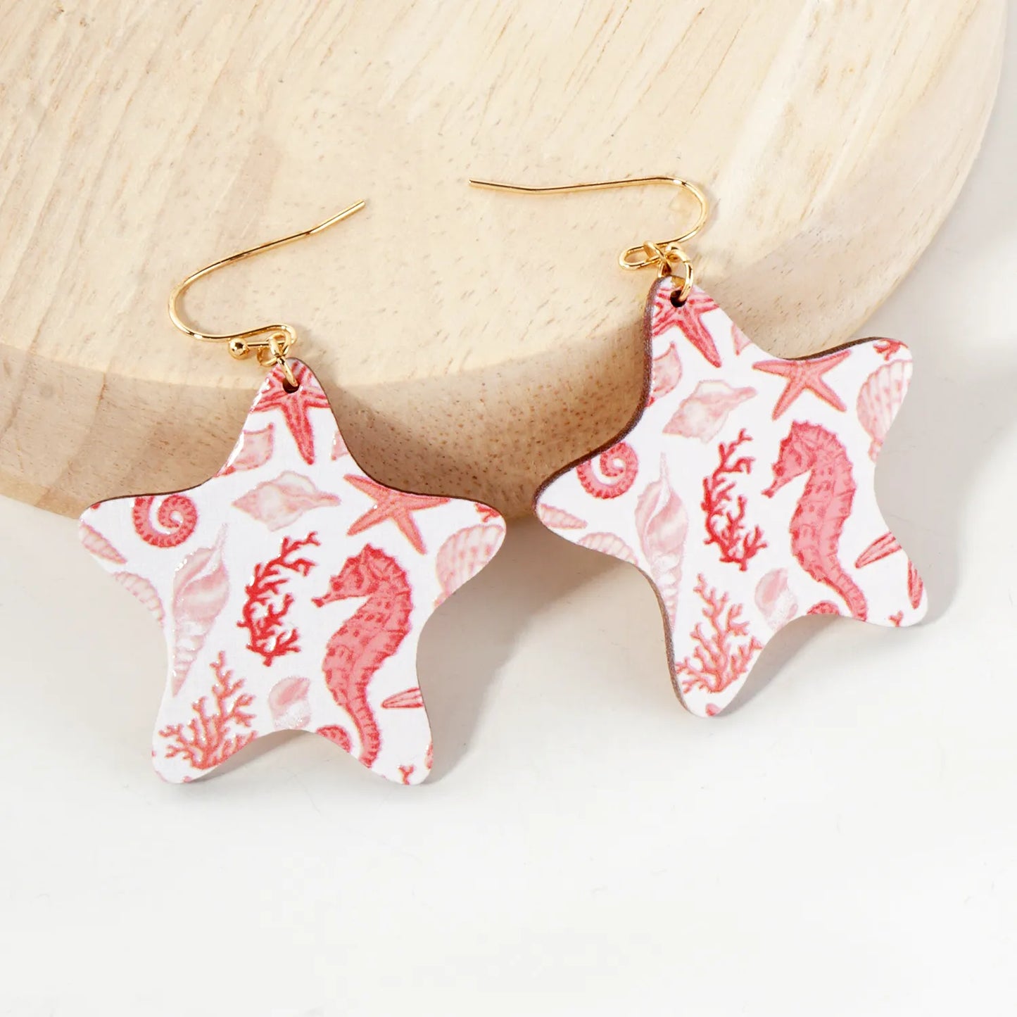 Sea-Life Printed Wood Star Dangle Earrings