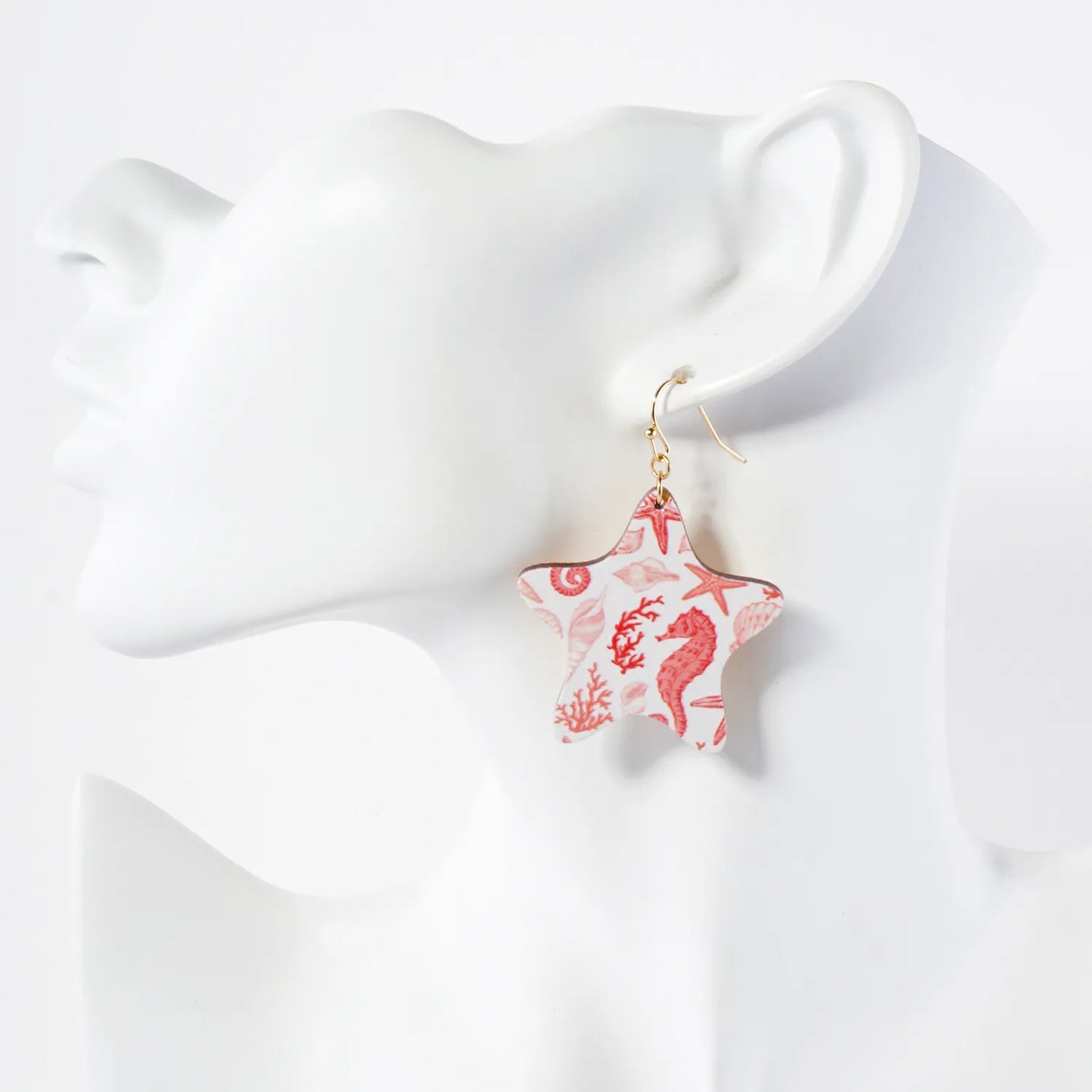 Sea-Life Printed Wood Star Dangle Earrings