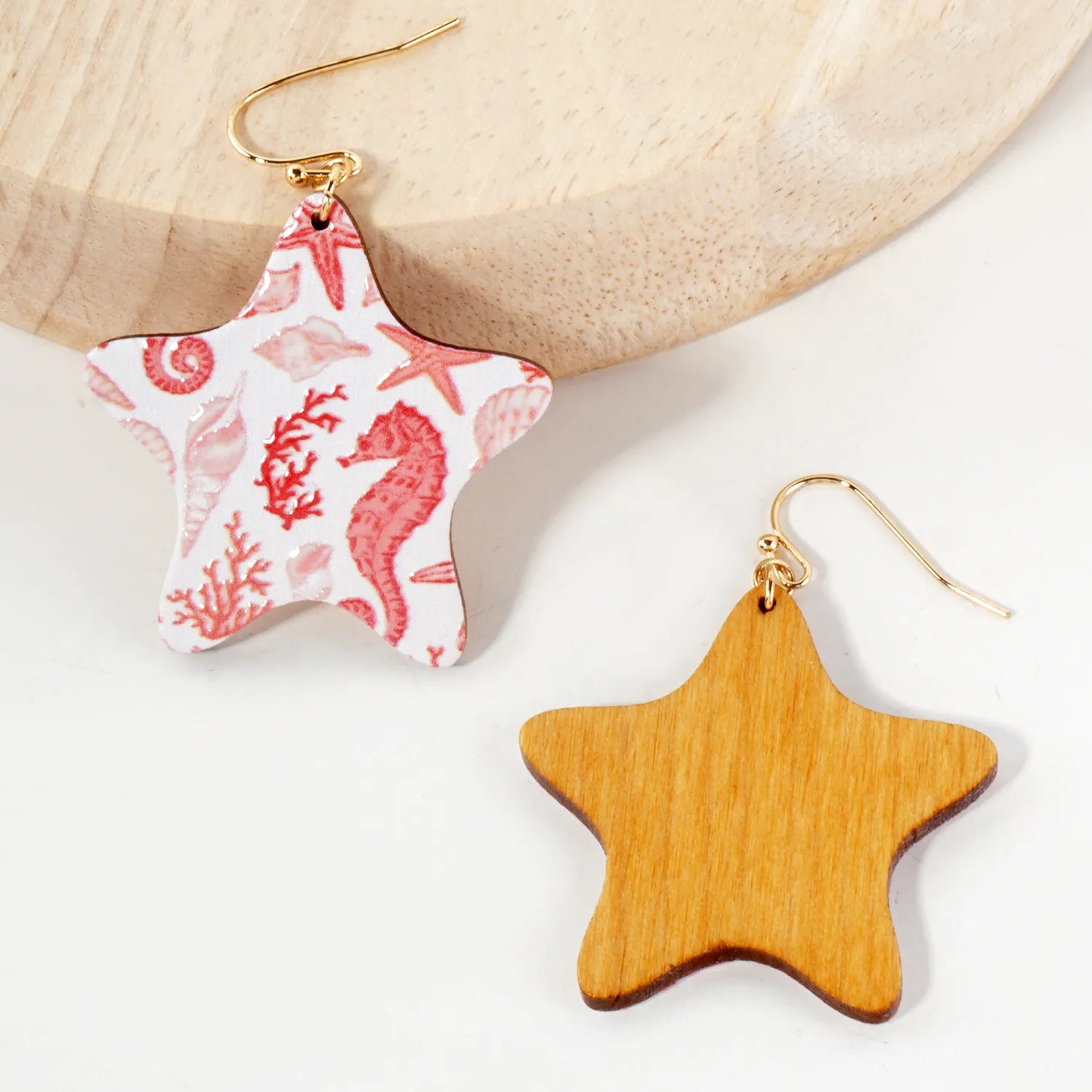 Sea-Life Printed Wood Star Dangle Earrings