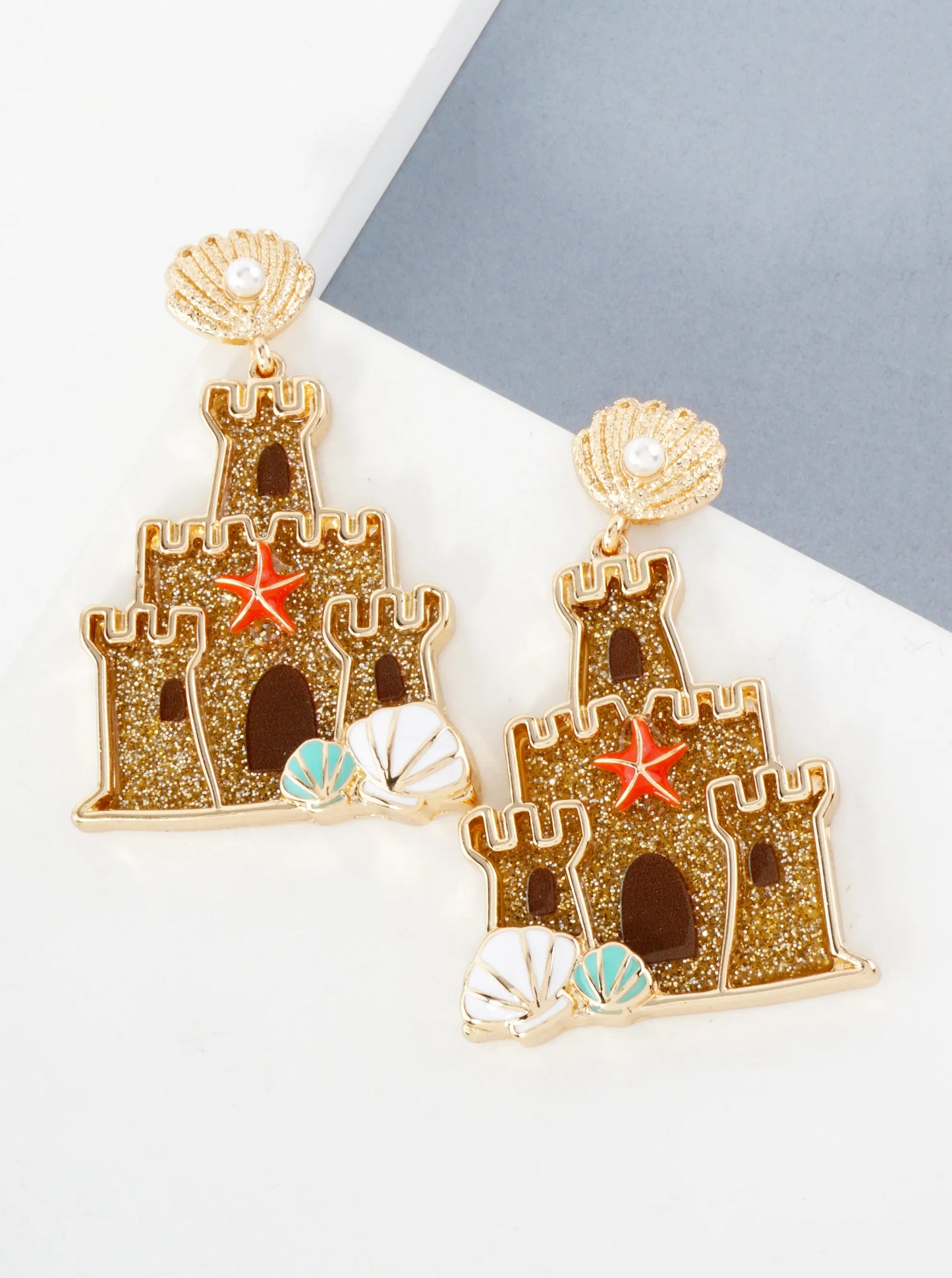 Sea-Life Sand-Castle Drop Shell Post Fun Statement Summer Earrings