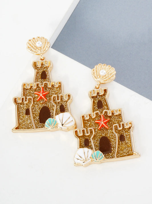 Sea-Life Sand-Castle Drop Shell Post Fun Statement Summer Earrings