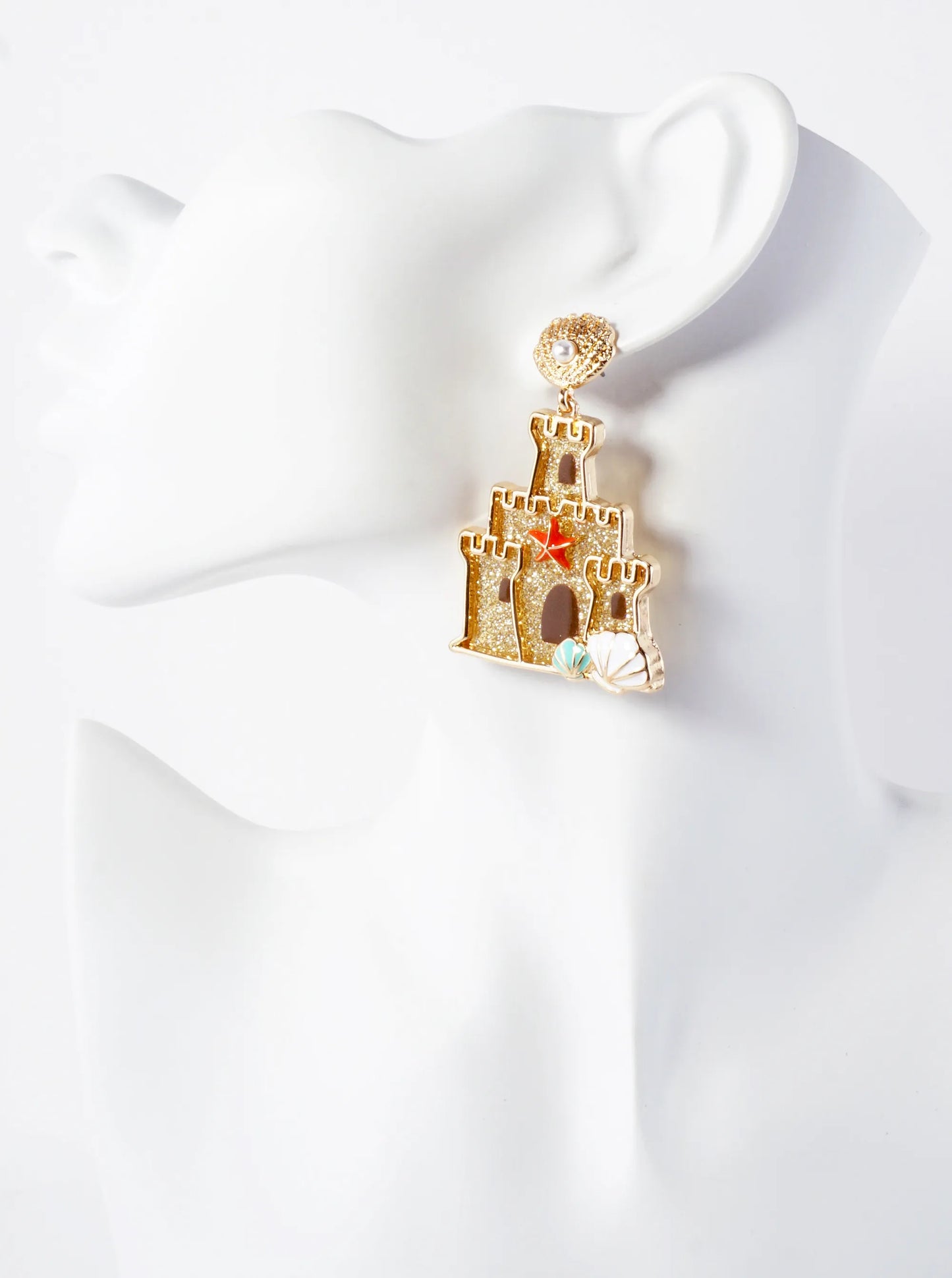 Sea-Life Sand-Castle Drop Shell Post Fun Statement Summer Earrings