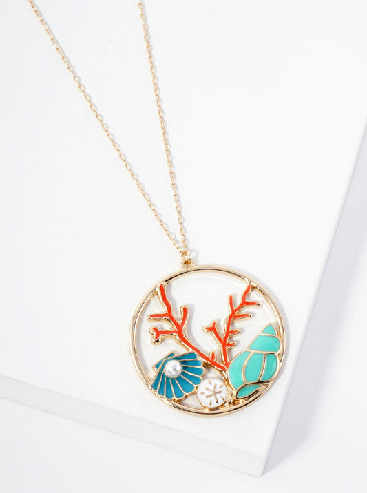 Sea-Life Sea Creatures Circle Pendant 30-inch Long Necklace