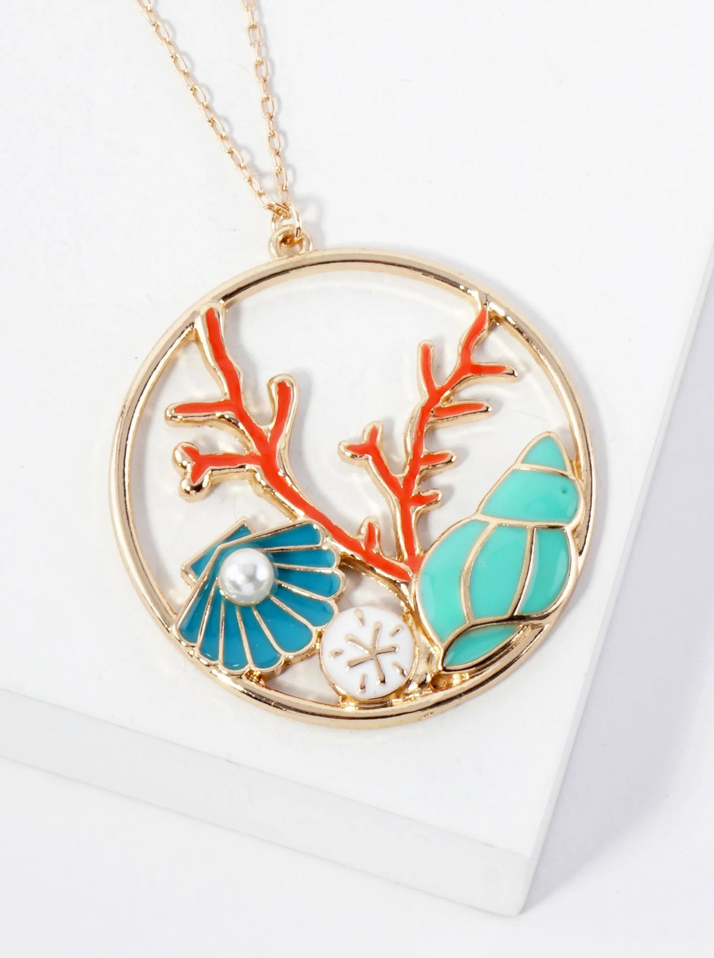 Sea-Life Sea Creatures Circle Pendant 30-inch Long Necklace