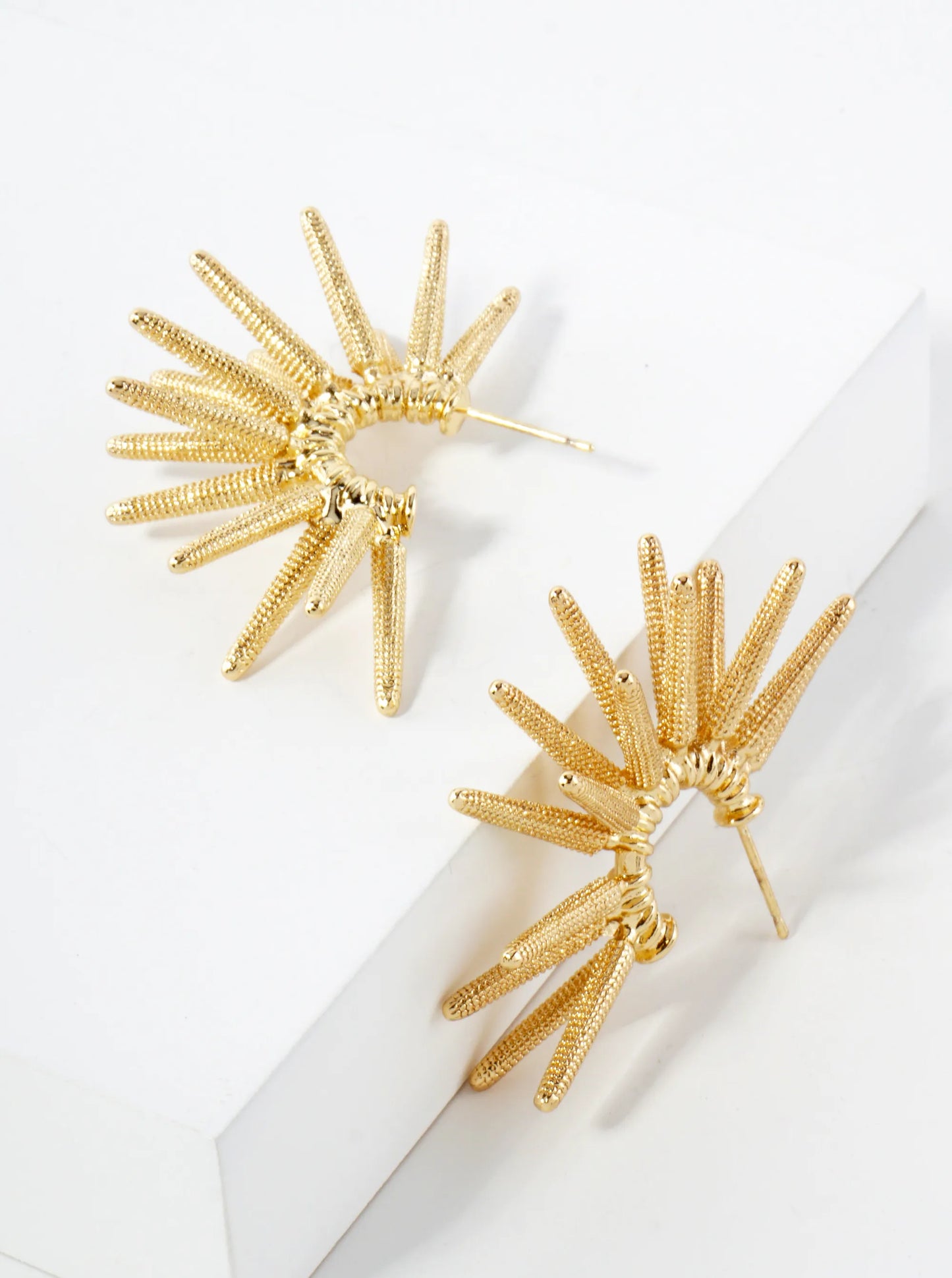 Sea-Life Sea-Urchin Inspired 14K-Gold-Dipped Textured Brass 10mm Hoop Statement Earrings