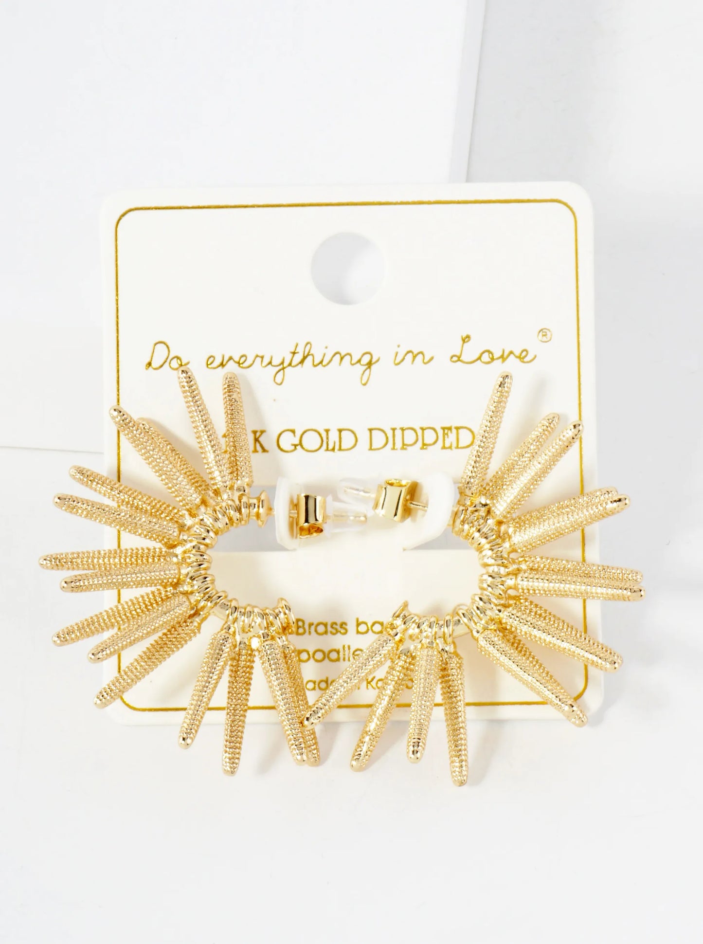 Sea-Life Sea-Urchin Inspired 14K-Gold-Dipped Textured Brass 10mm Hoop Statement Earrings