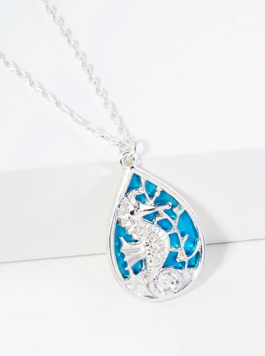 Sea-Life Seahorse Teardrop Pendant 16-inch Necklace