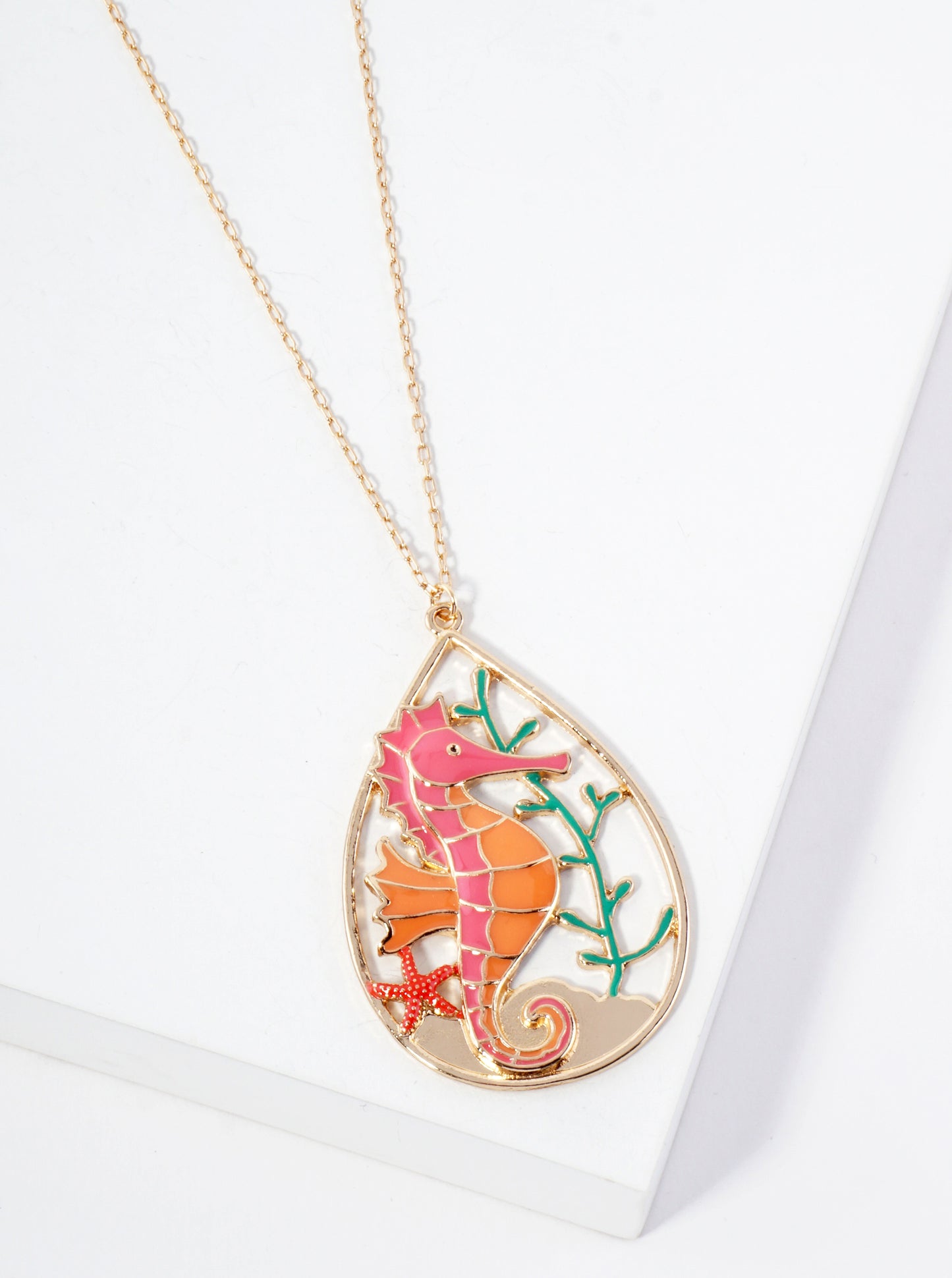Sea-Life Seahorse Teardrop Pendant 30-inch Long Necklace