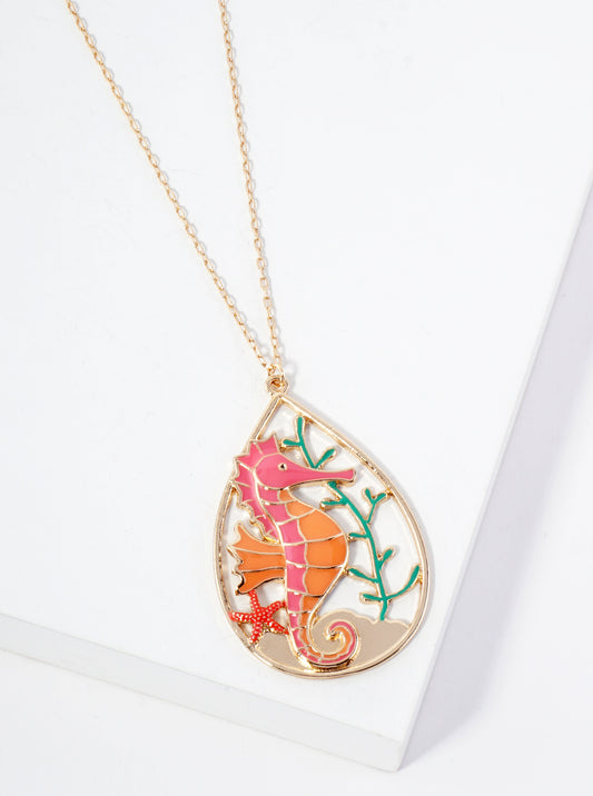 Sea-Life Seahorse Teardrop Pendant 30-inch Long Necklace