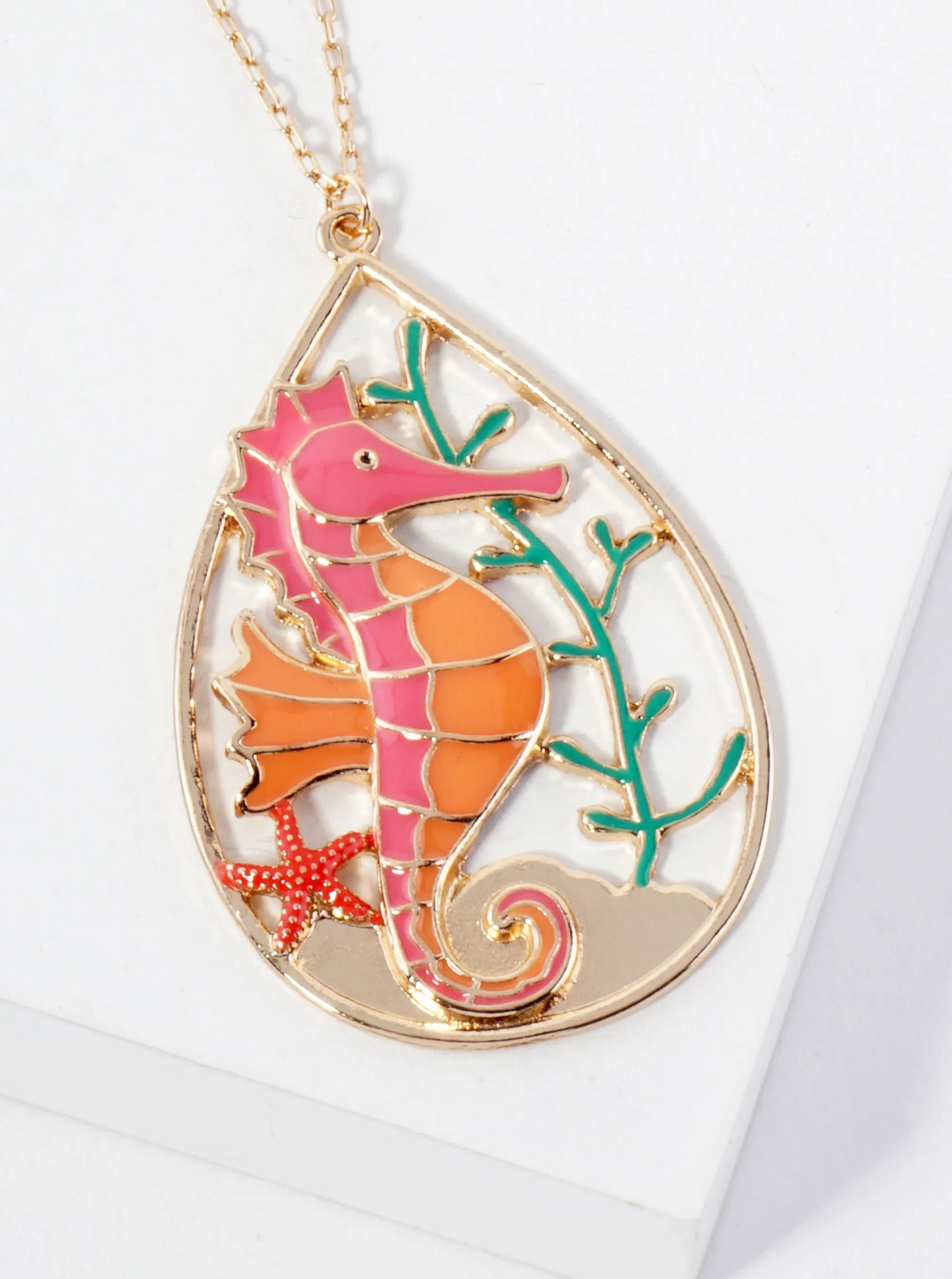 Sea-Life Seahorse Teardrop Pendant 30-inch Long Necklace