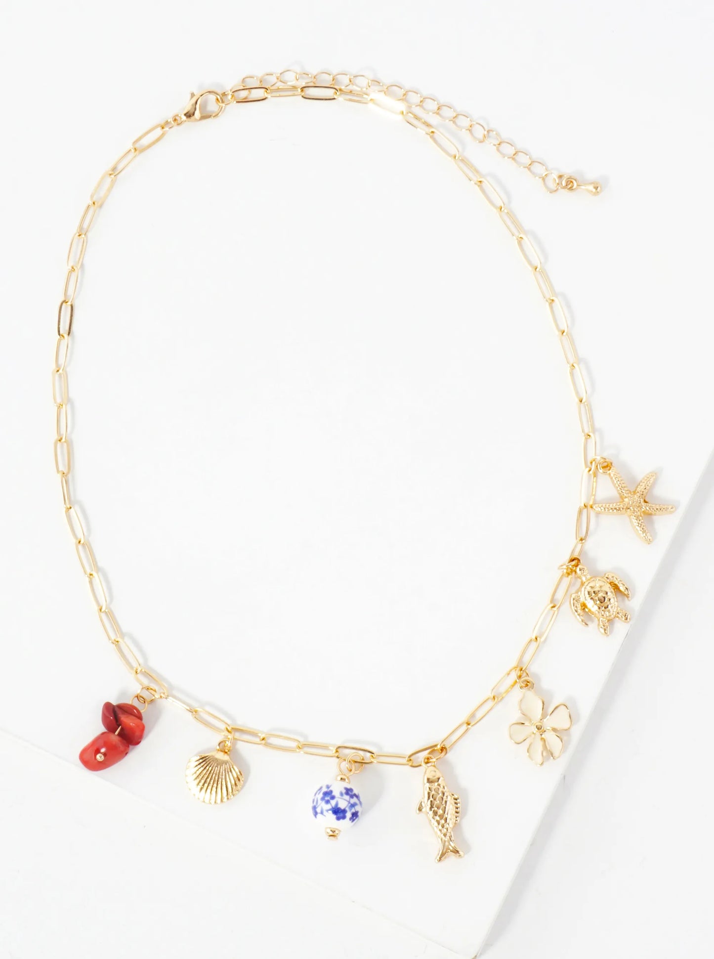 Sea-Life Seashell Fish Turtle Starfish Flower Porcelain Bead 16-Inch Charm Necklace