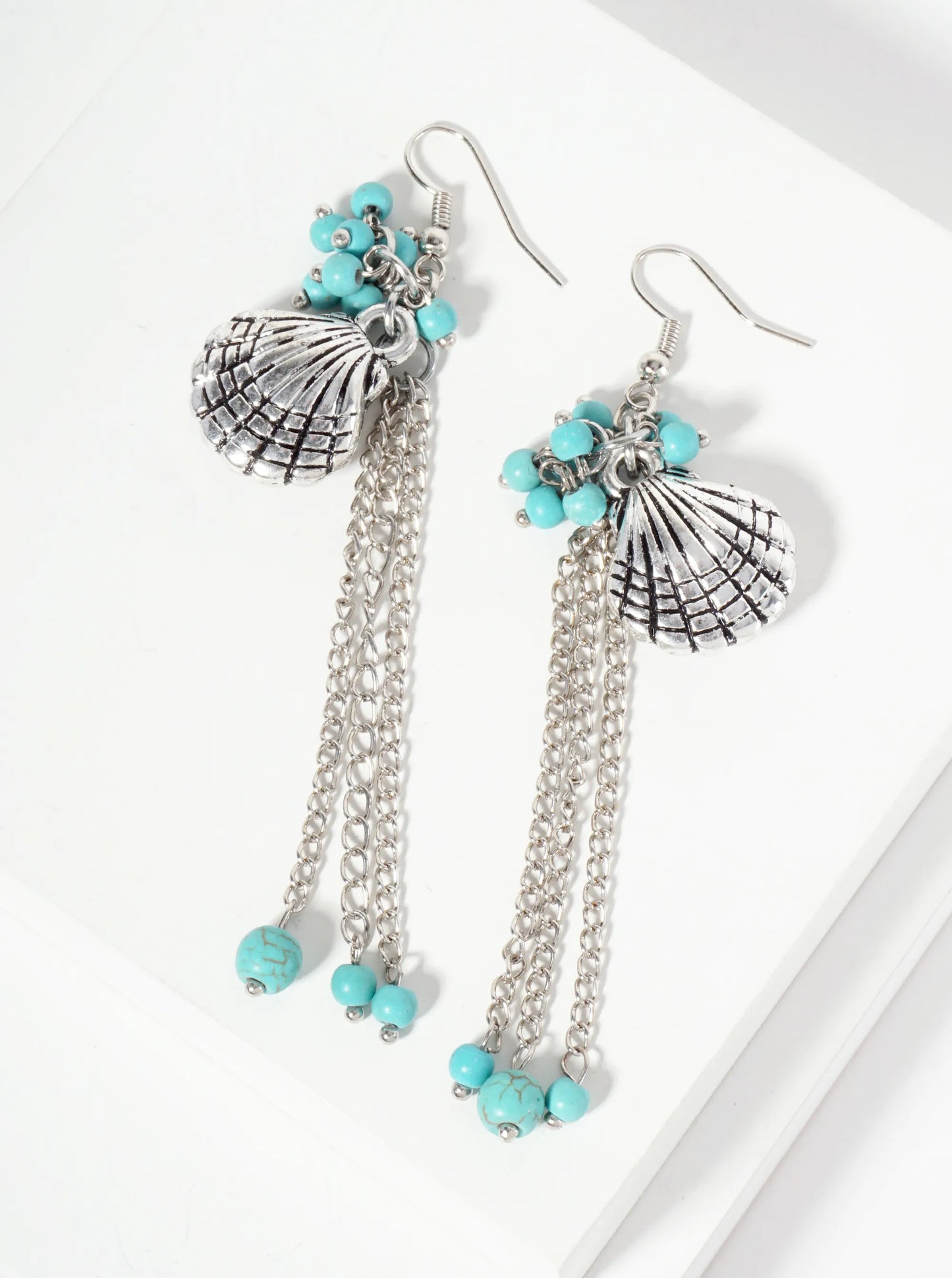 Sea-Life Semi-Precious Natural-Stone Chain Drop Sea-Shell Dangle Earrings