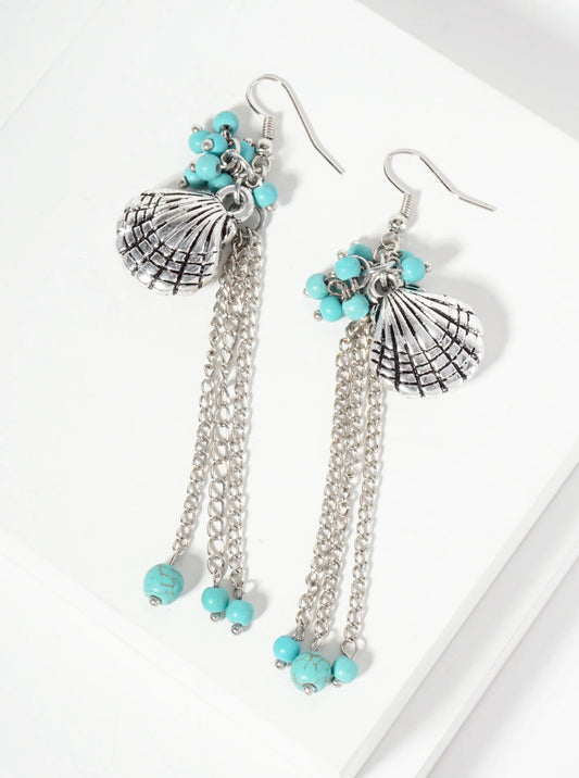Sea-Life Semi-Precious Natural-Stone Chain Drop Sea-Shell Dangle Earrings