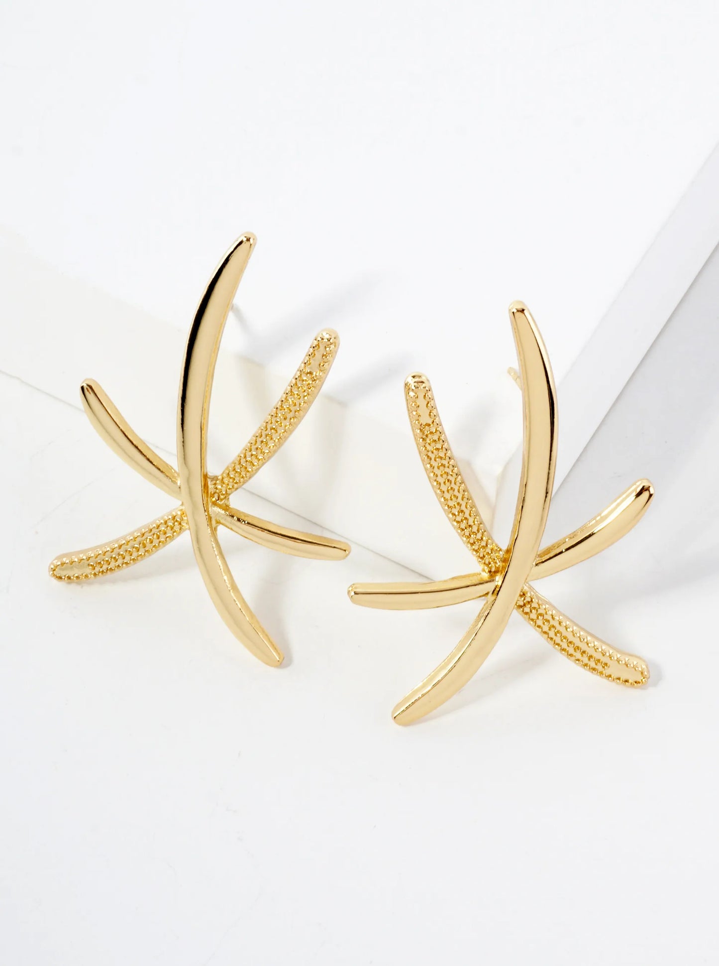 Sea-Life Starfish Inspired 14K-Gold-Dipped Textured Brass Statement Earrings