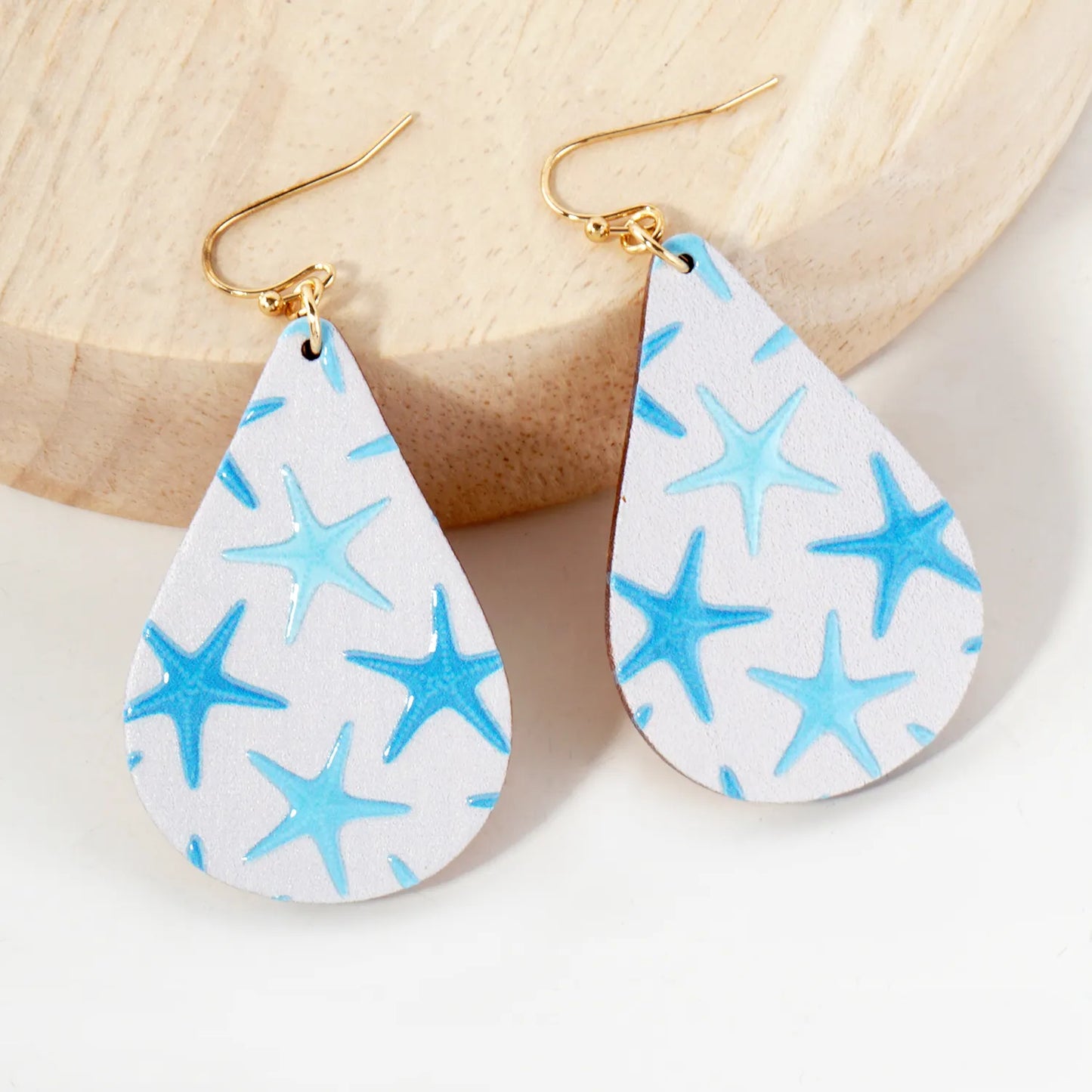 Sea-Life Starfish Printed Wood Teardrop Dangle Earrings