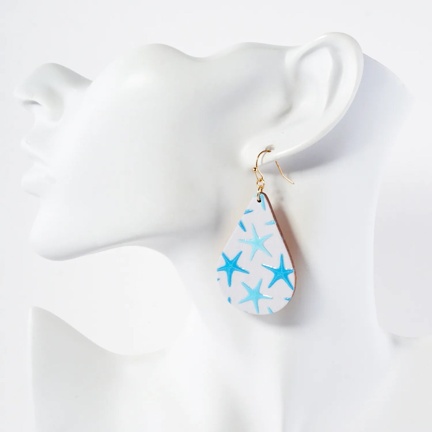 Sea-Life Starfish Printed Wood Teardrop Dangle Earrings