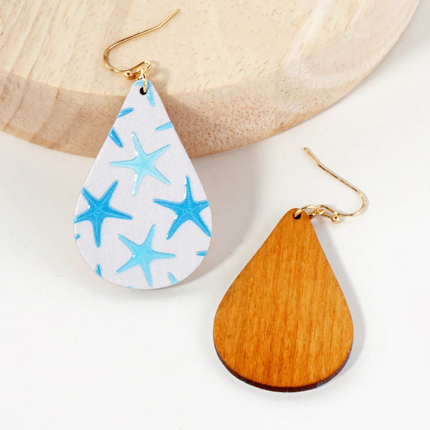Sea-Life Starfish Printed Wood Teardrop Dangle Earrings