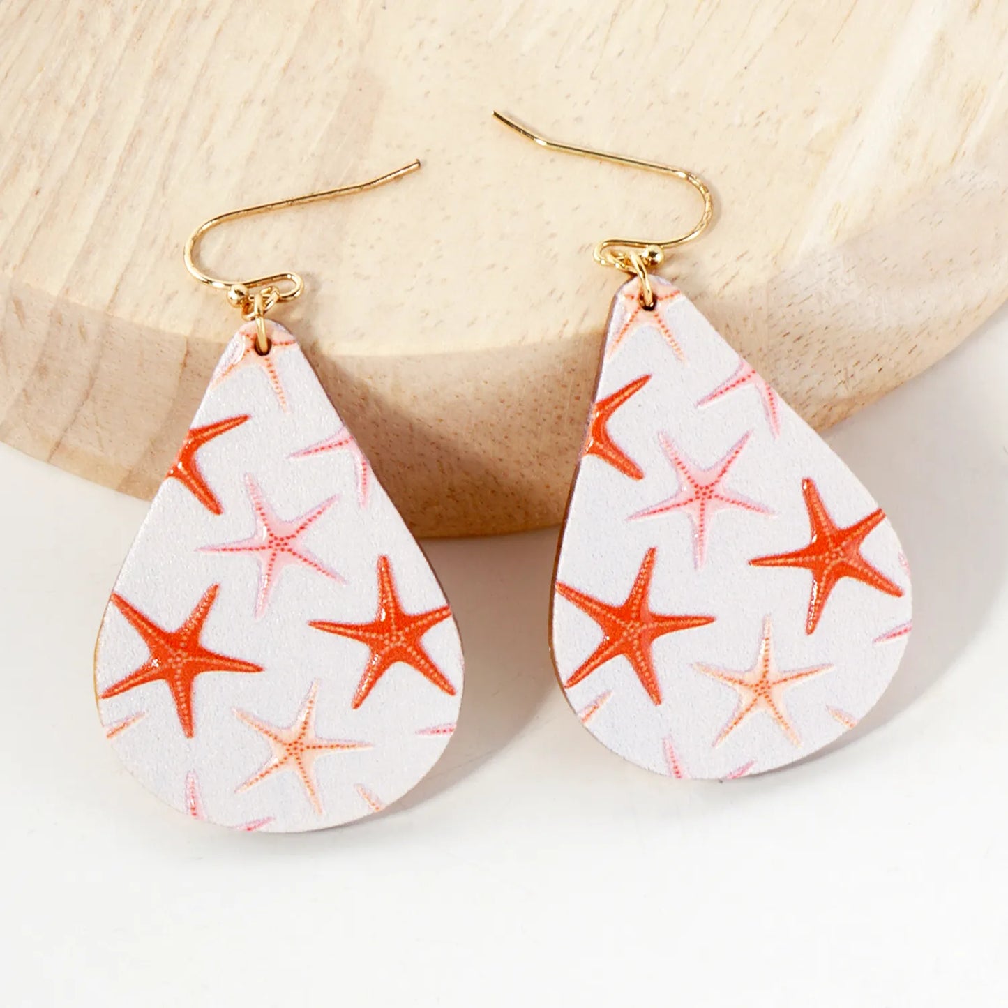 Sea-Life Starfish Printed Wood Teardrop Dangle Earrings