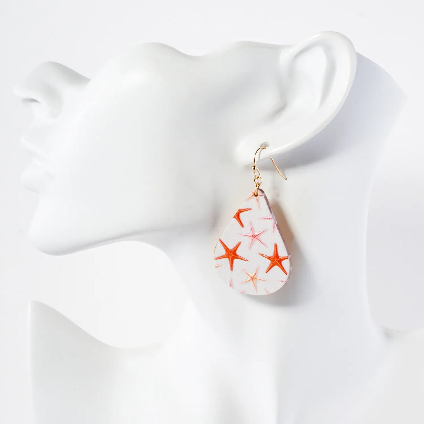 Sea-Life Starfish Printed Wood Teardrop Dangle Earrings