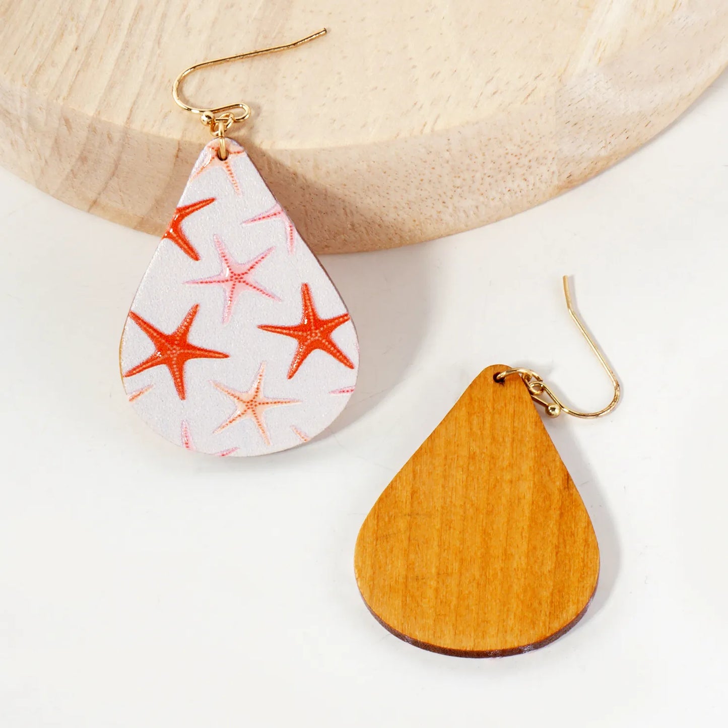 Sea-Life Starfish Printed Wood Teardrop Dangle Earrings