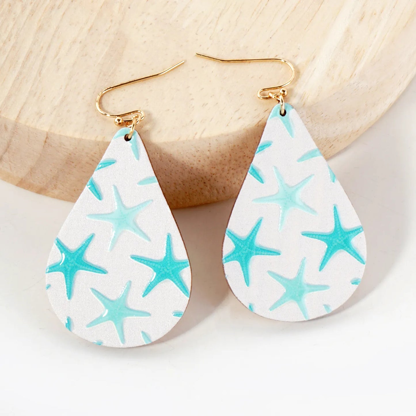 Sea-Life Starfish Printed Wood Teardrop Dangle Earrings