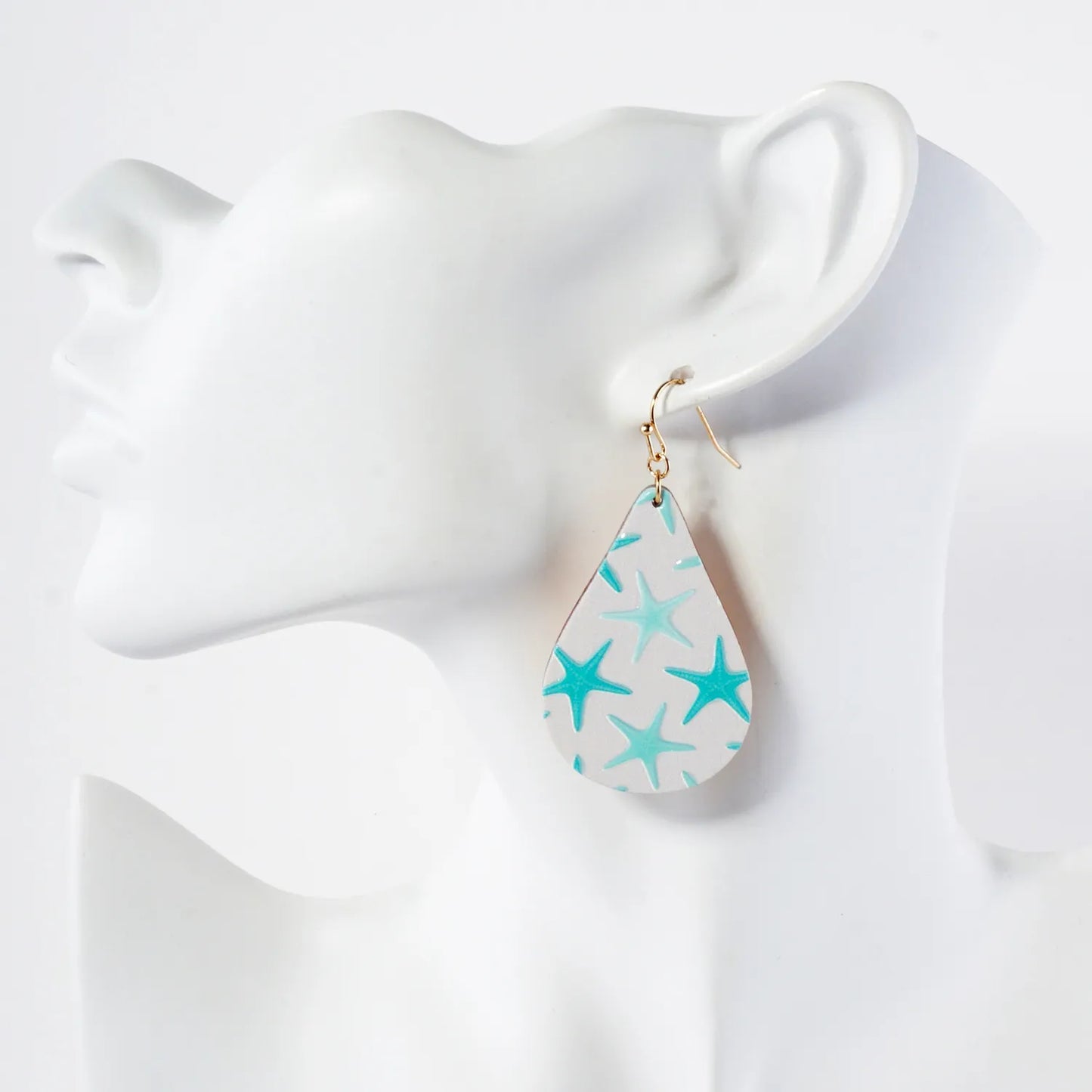 Sea-Life Starfish Printed Wood Teardrop Dangle Earrings