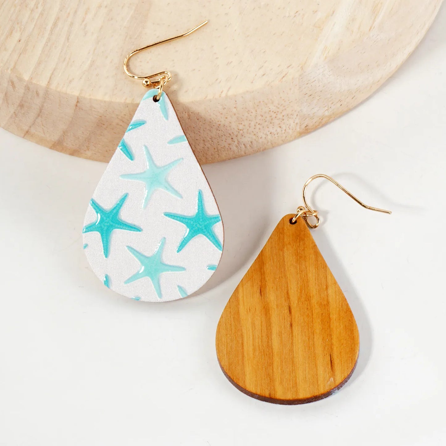 Sea-Life Starfish Printed Wood Teardrop Dangle Earrings