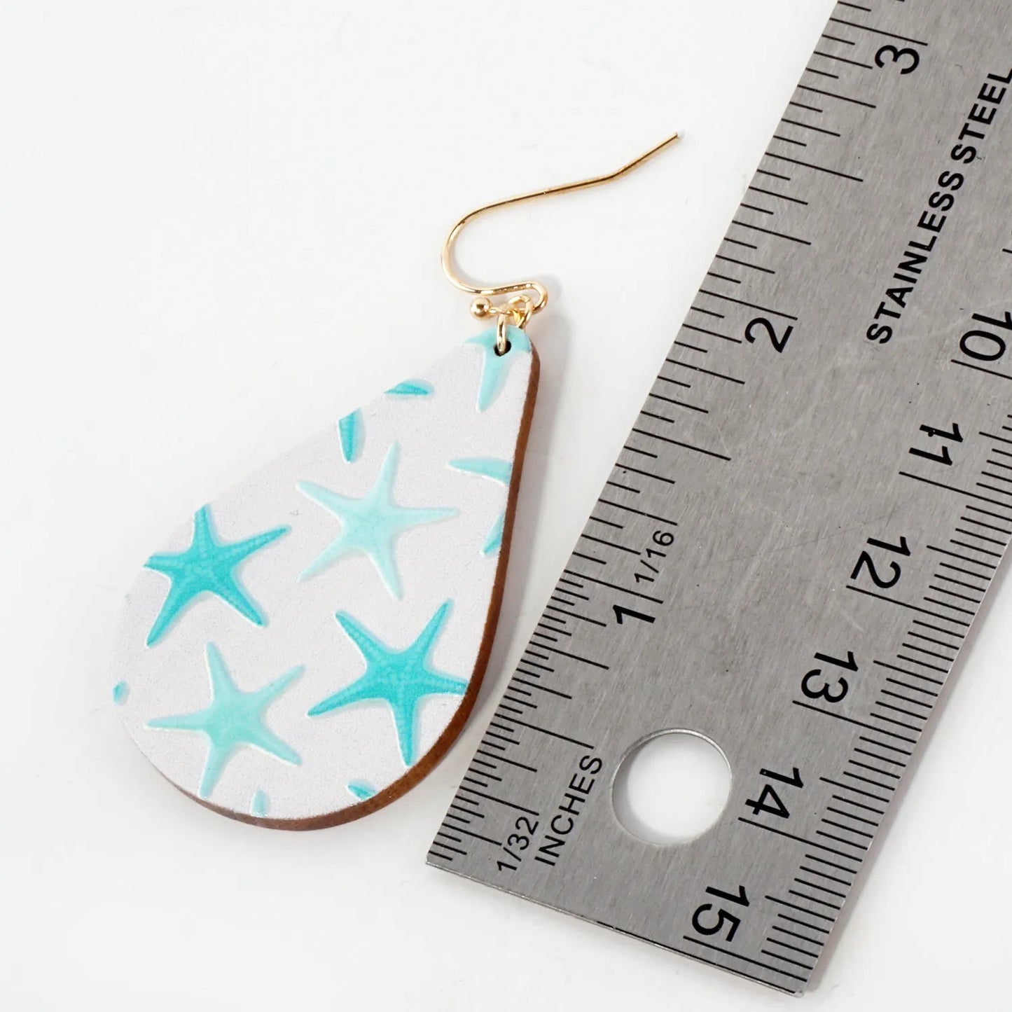 Sea-Life Starfish Printed Wood Teardrop Dangle Earrings