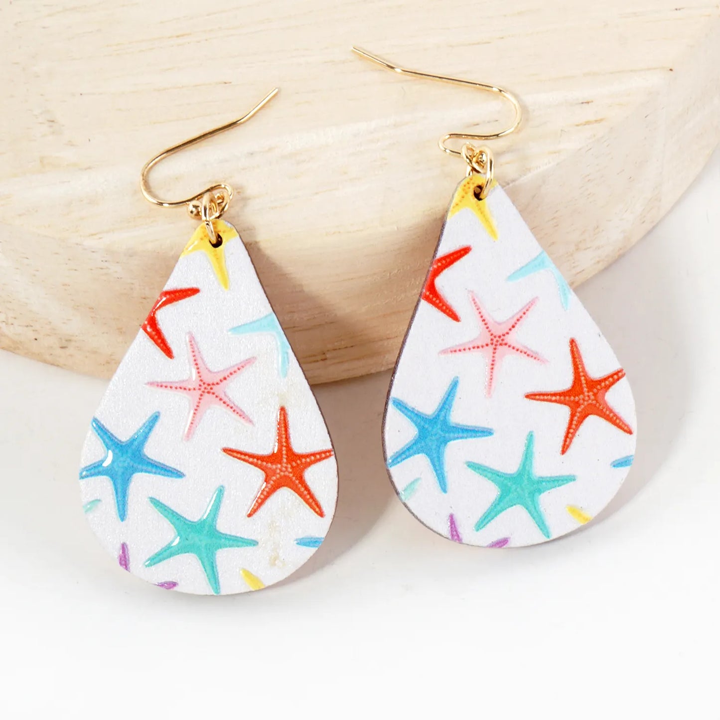 Sea-Life Starfish Printed Wood Teardrop Dangle Earrings