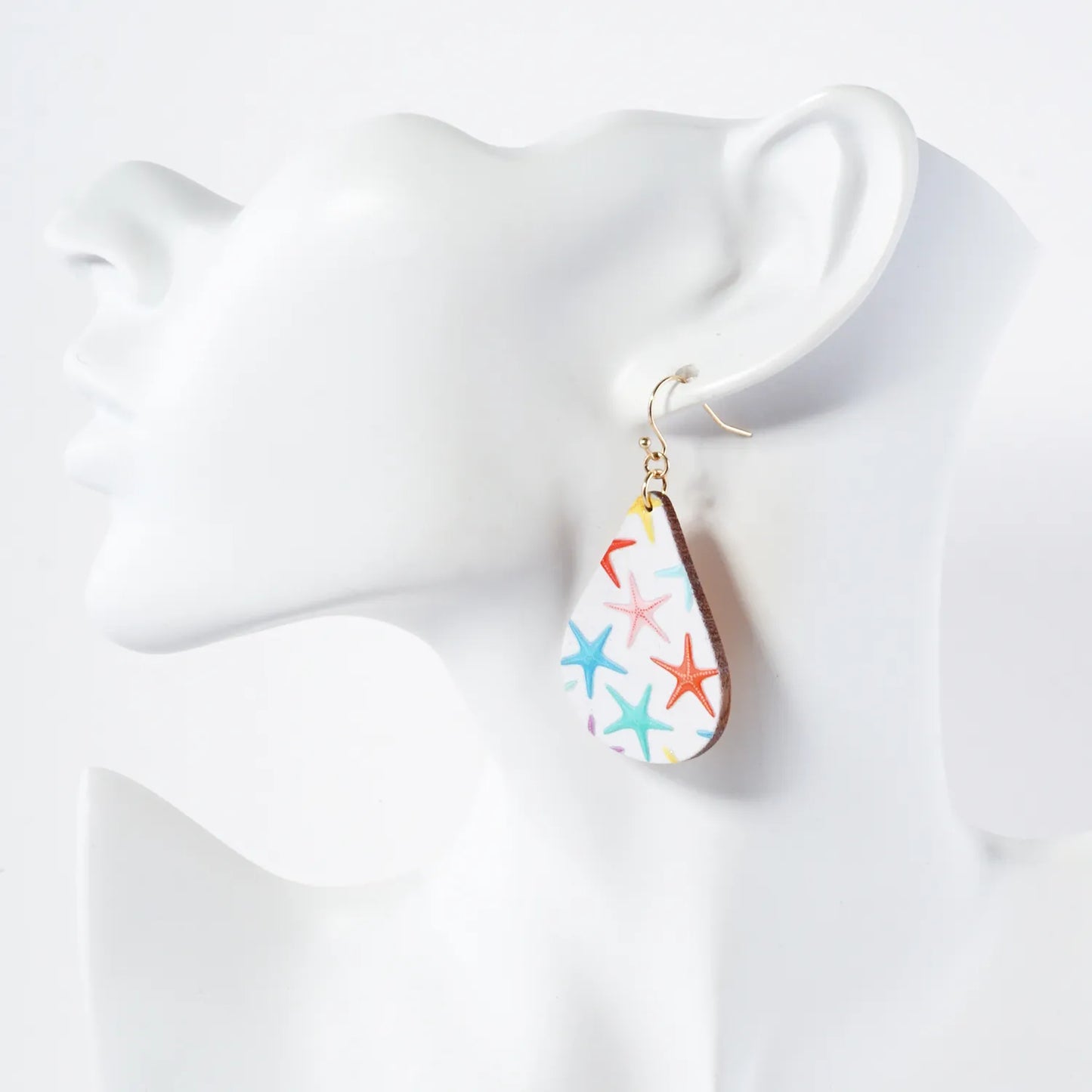 Sea-Life Starfish Printed Wood Teardrop Dangle Earrings