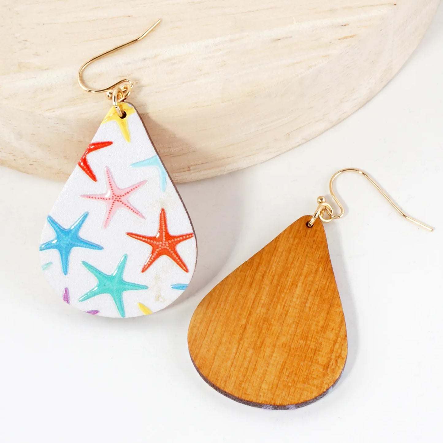 Sea-Life Starfish Printed Wood Teardrop Dangle Earrings