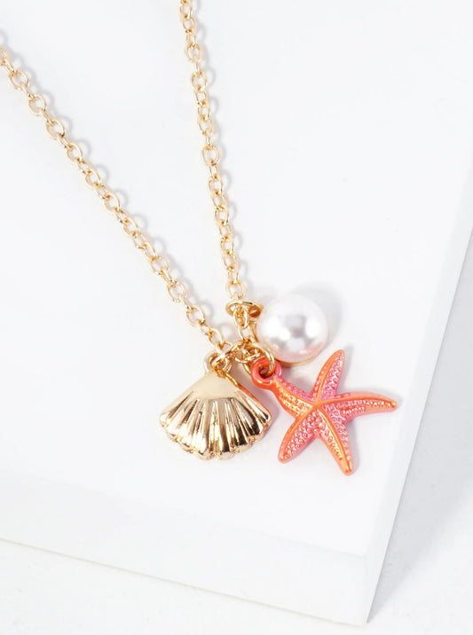 Sea-Life Starfish Shell Pearl 16-inch Charm Necklace