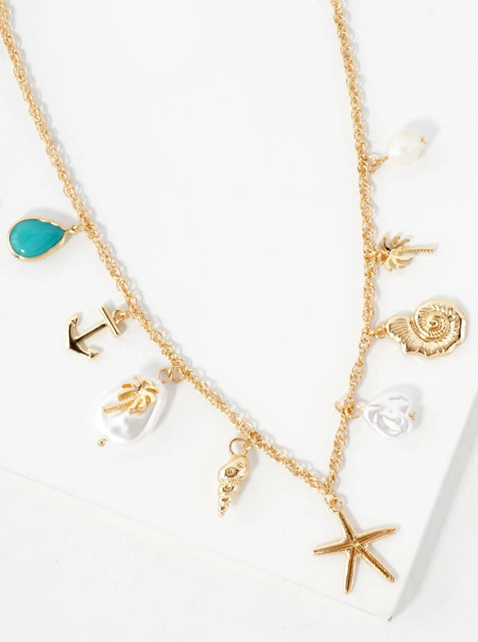 Sea-Life Teardrop Semi-Precious Natural-Stone Anchor Palm-Tree Pearl Conch Seashell Starfish 16-Inch Nautical Charm Necklace