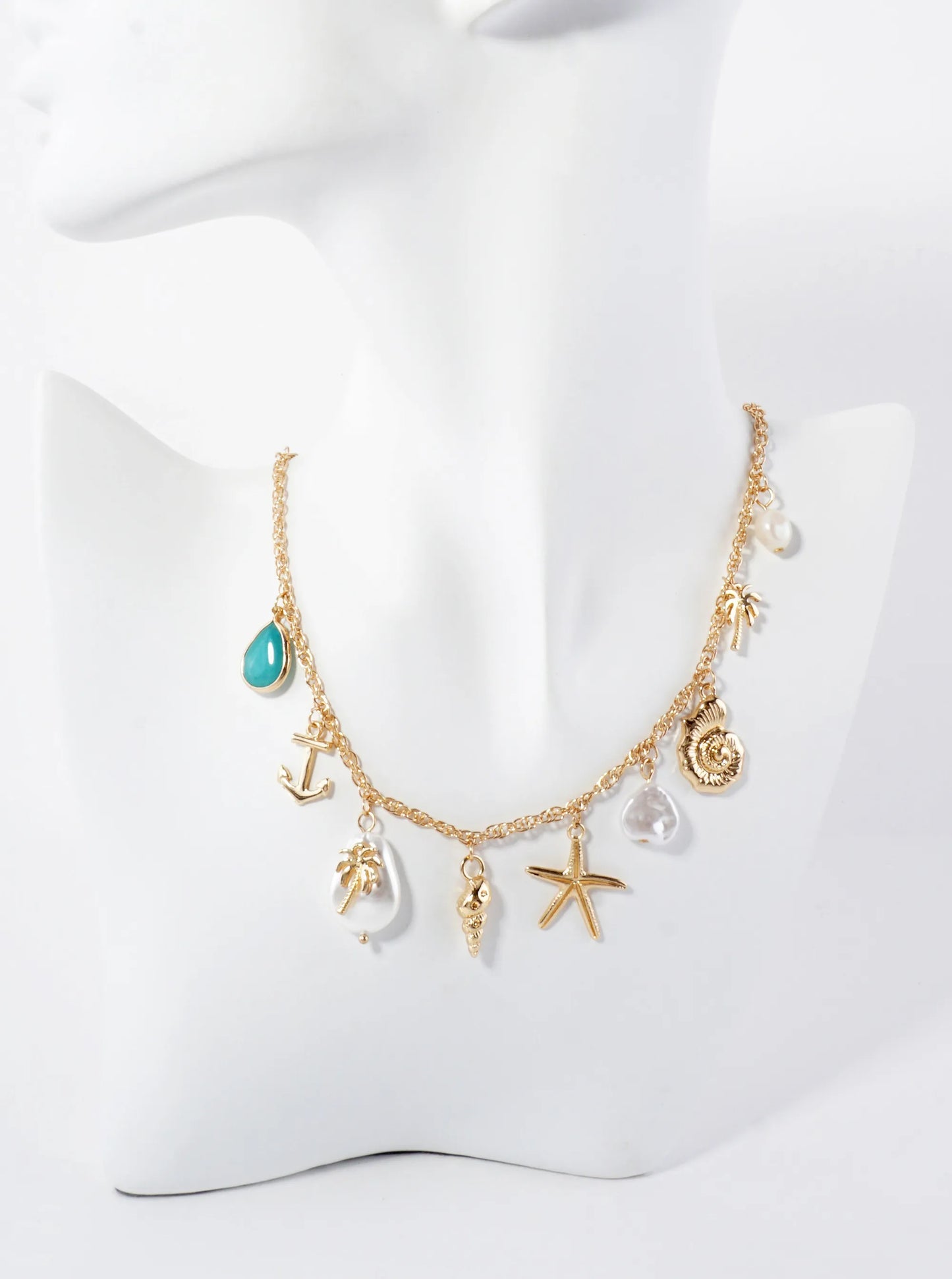 Sea-Life Teardrop Semi-Precious Natural-Stone Anchor Palm-Tree Pearl Conch Seashell Starfish 16-Inch Nautical Charm Necklace