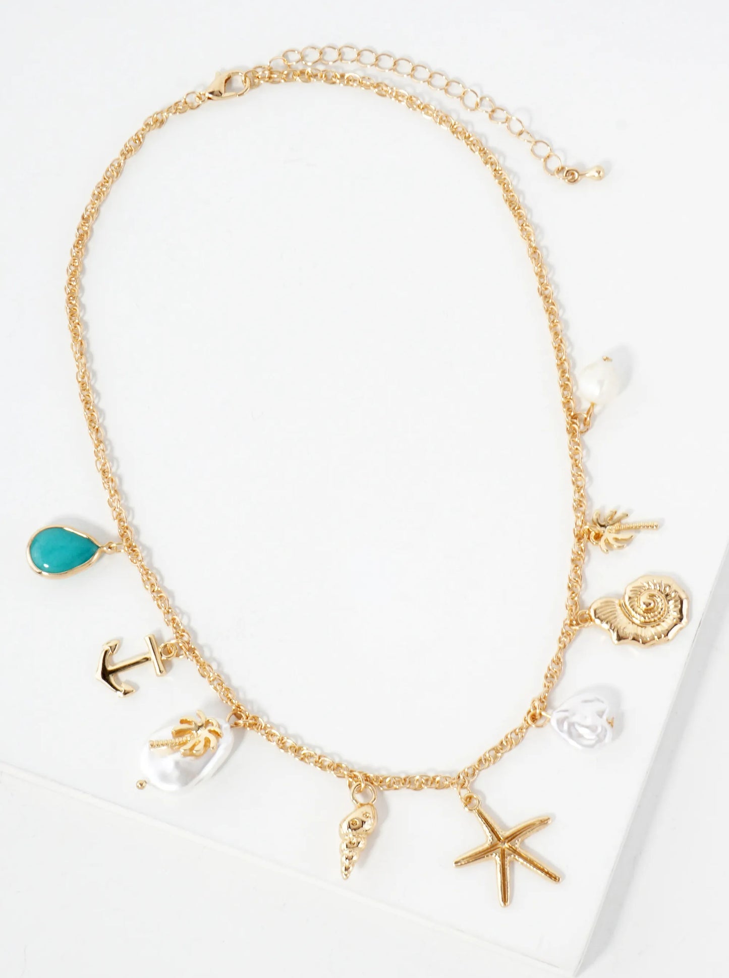 Sea-Life Teardrop Semi-Precious Natural-Stone Anchor Palm-Tree Pearl Conch Seashell Starfish 16-Inch Nautical Charm Necklace