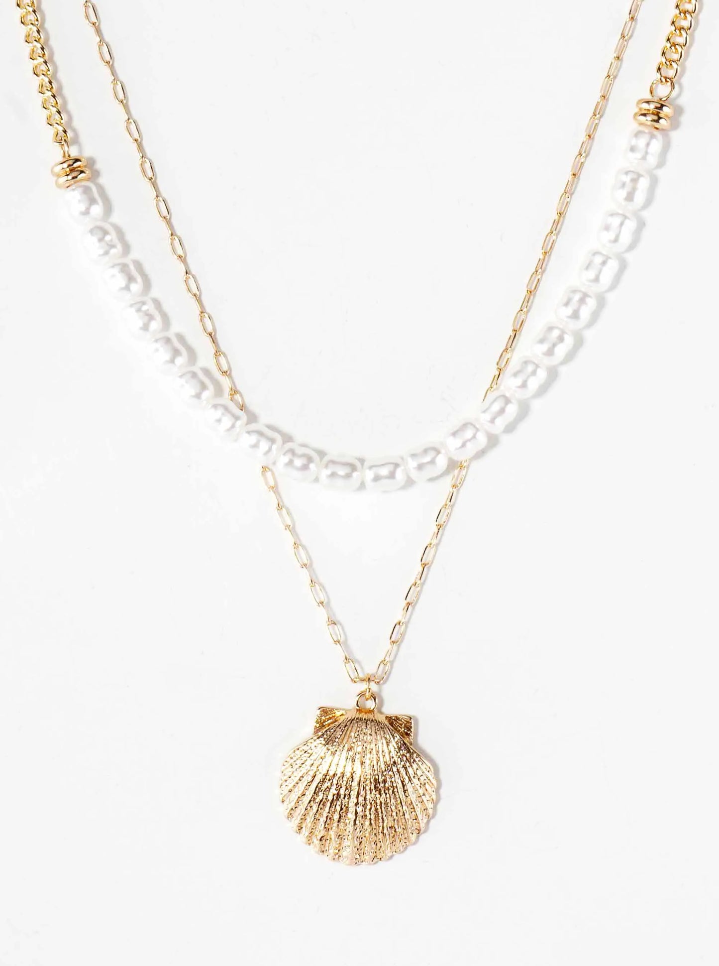 Sea-Life Textured 1-Inch Seashell Pendant Pearl-Beaded Layered Necklace