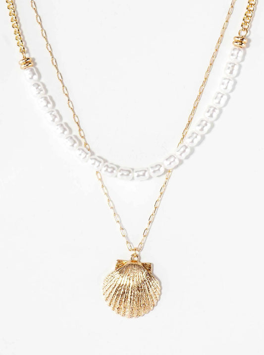 Sea-Life Textured 1-Inch Seashell Pendant Pearl-Beaded Layered Necklace