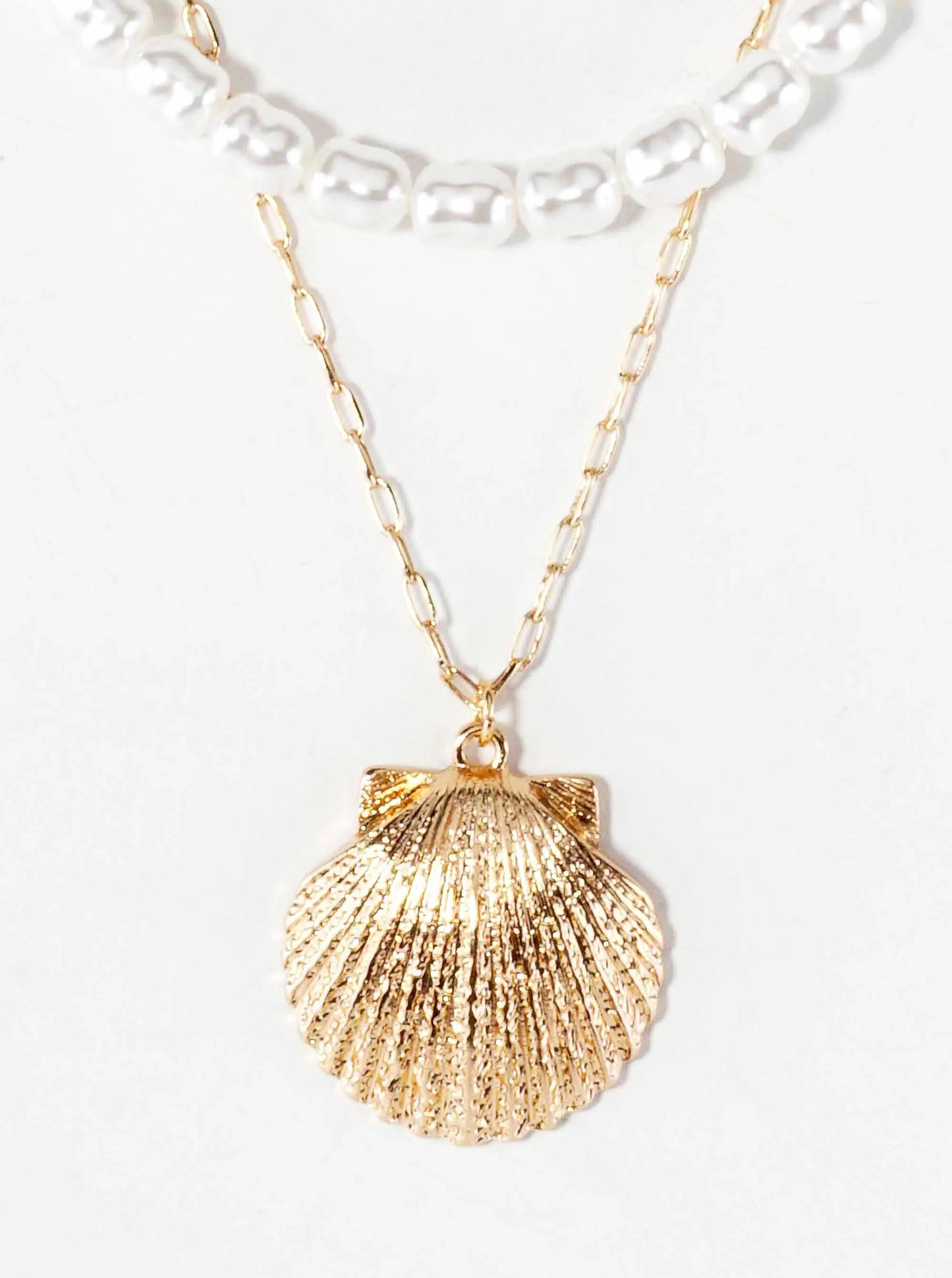 Sea-Life Textured 1-Inch Seashell Pendant Pearl-Beaded Layered Necklace