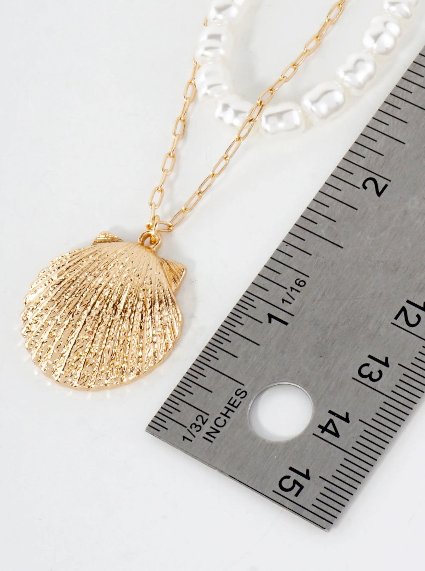 Sea-Life Textured 1-Inch Seashell Pendant Pearl-Beaded Layered Necklace