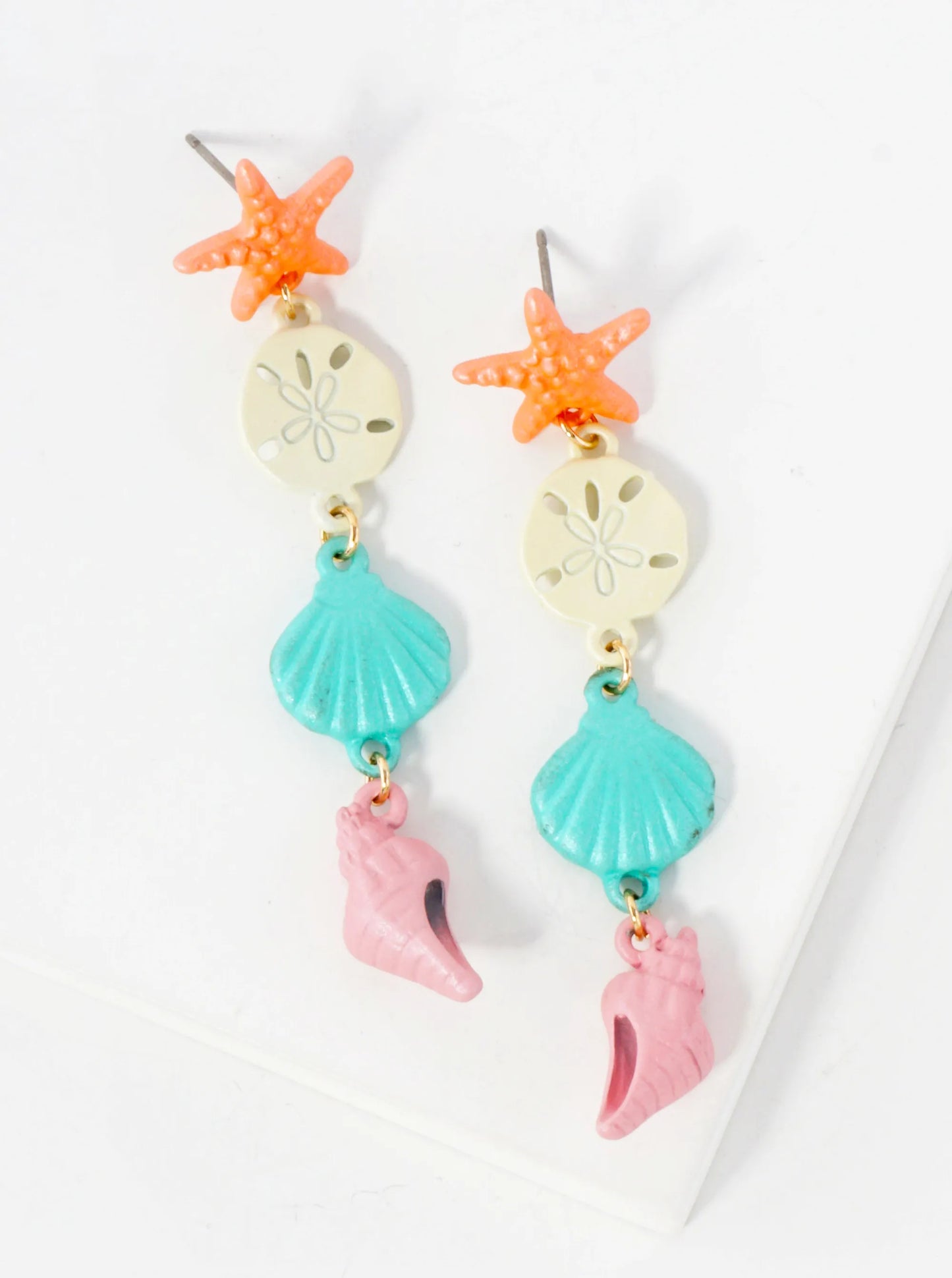 Sea-Life Textured Metal Starfish Sand-Dollar Seashell Conch Drop Metal Earrings