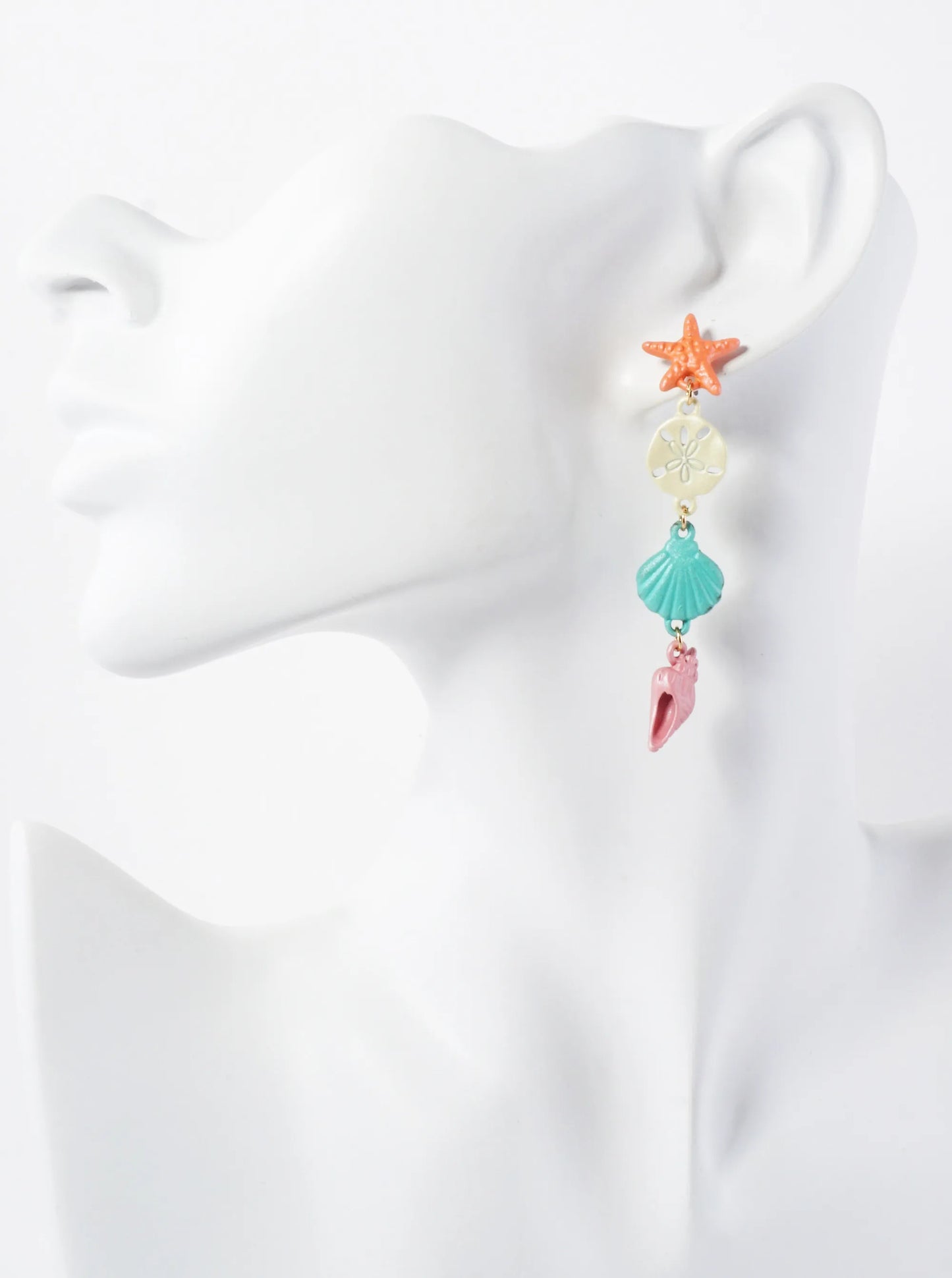 Sea-Life Textured Metal Starfish Sand-Dollar Seashell Conch Drop Metal Earrings