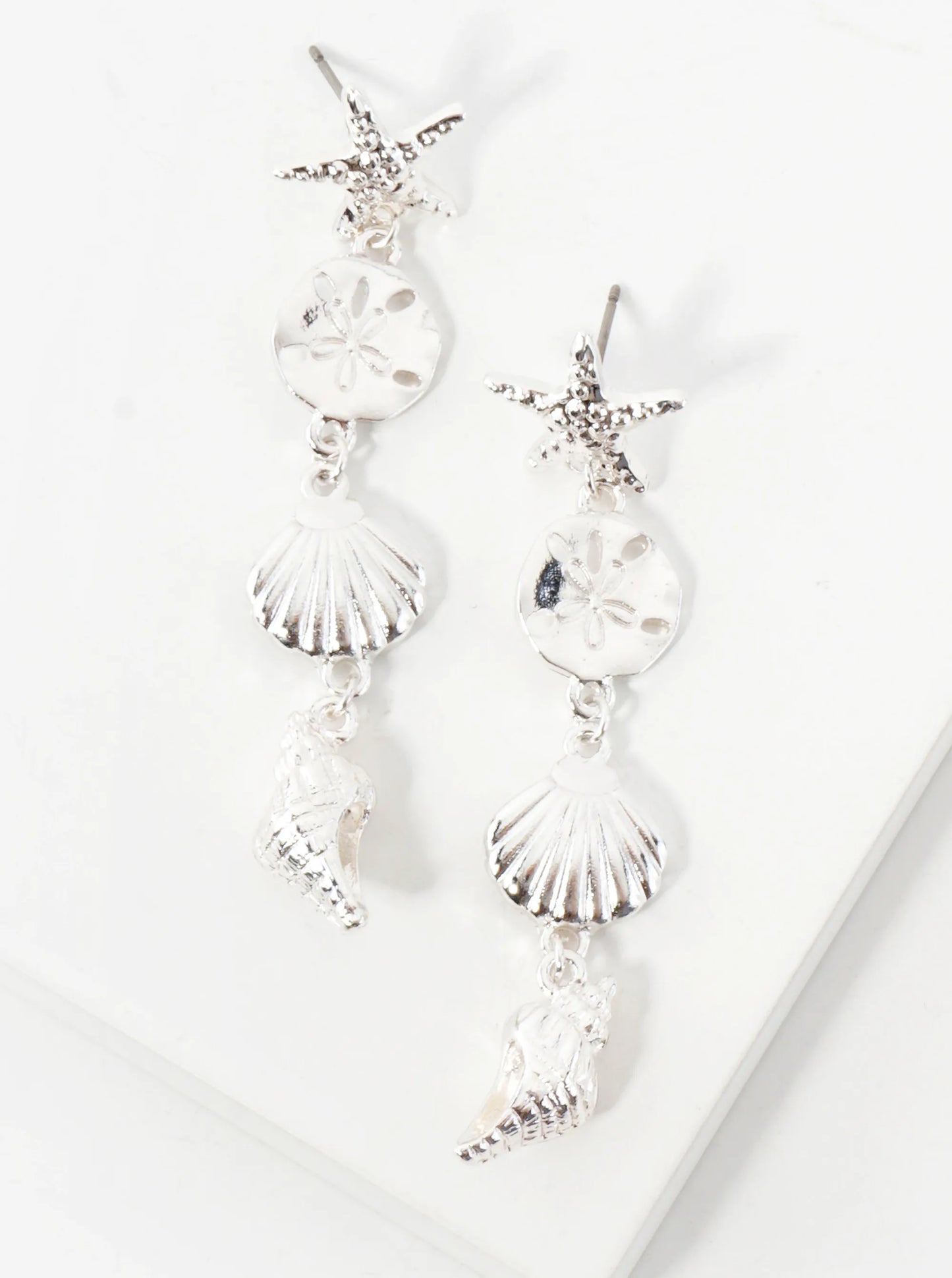 Sea-Life Textured Metal Starfish Sand-Dollar Seashell Conch Drop Metal Earrings